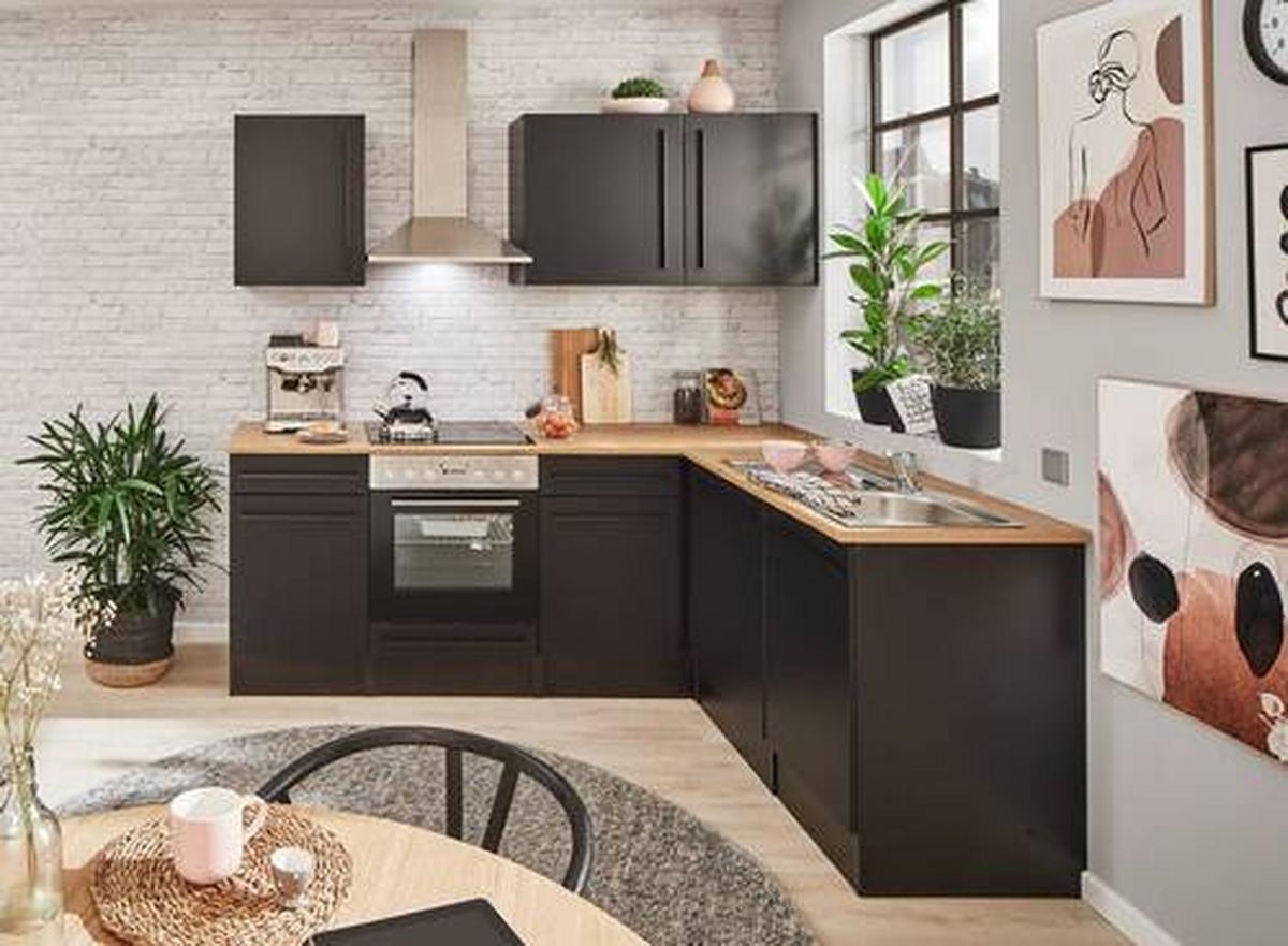 Eckküche Jazz 8 220 Schwarz S: 220x175 cm - Eichefarben/Schwarz, LIFESTYLE, Holzwerkstoff (220/175/60/60cm) - MID.YOU