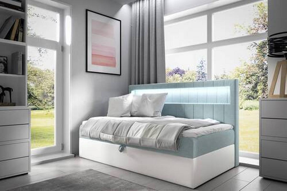 Polsterbett mit Bettkasten 90x200 cm Weiß / Hellblau - Schwarz/Weiß, MODERN, Leder/Textil (90/200cm) - Ondega