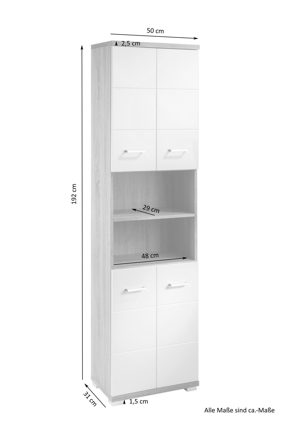 Hochschrank Nebraska06 B: 50 cm Weiß - Chromfarben/Weiß Hochglanz, MODERN, Holzwerkstoff (50/192/31cm) - MID.YOU