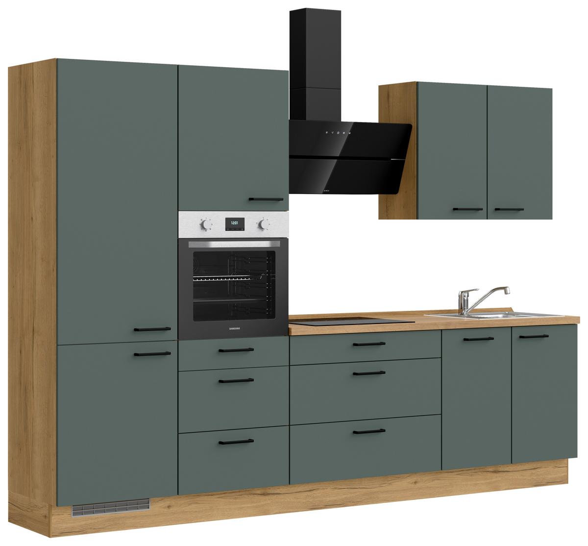 Kuchyňská linka 300 cm, minerální zelená,ultra matná - barvy dubu/černá, Moderní, kov/kompozitní dřevo (300cm) - Nobilia