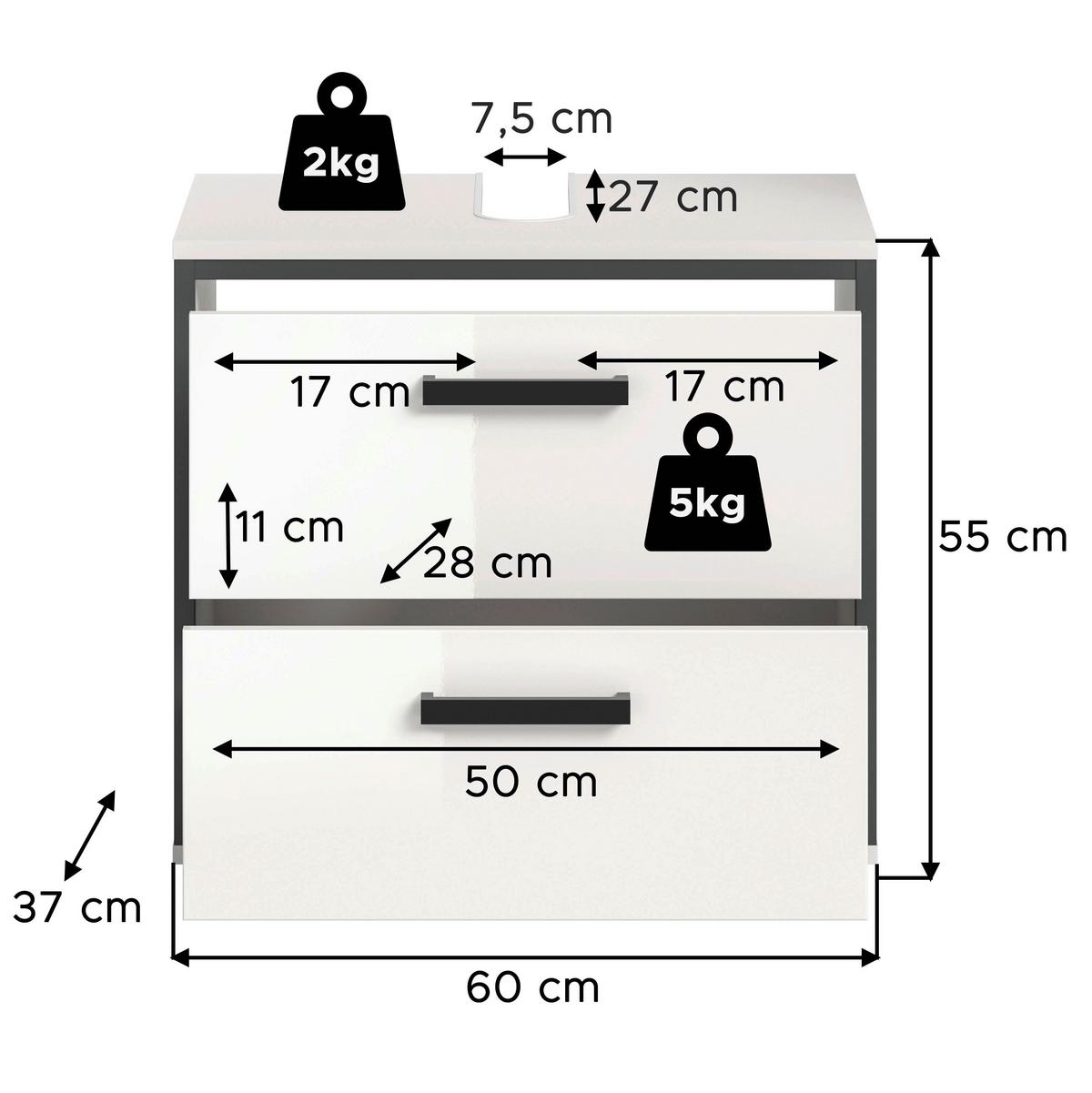 Waschbeckenunterschrank Kojak, Weiß Hochglanz B: 60 Cm - Weiß Hochglanz/Schwarz, MODERN, Holzwerkstoff (60/55/37cm) - MID.YOU