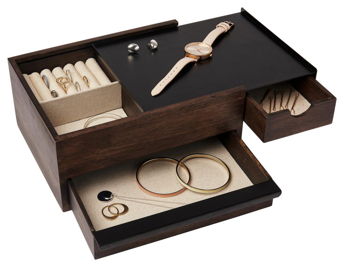 Schmuckbox Schwarz Walnussfraben B:22,1cm - Walnussfarben/Schwarz, Design, Holz/Metall (22,1/11,9/25,9cm) - Umbra