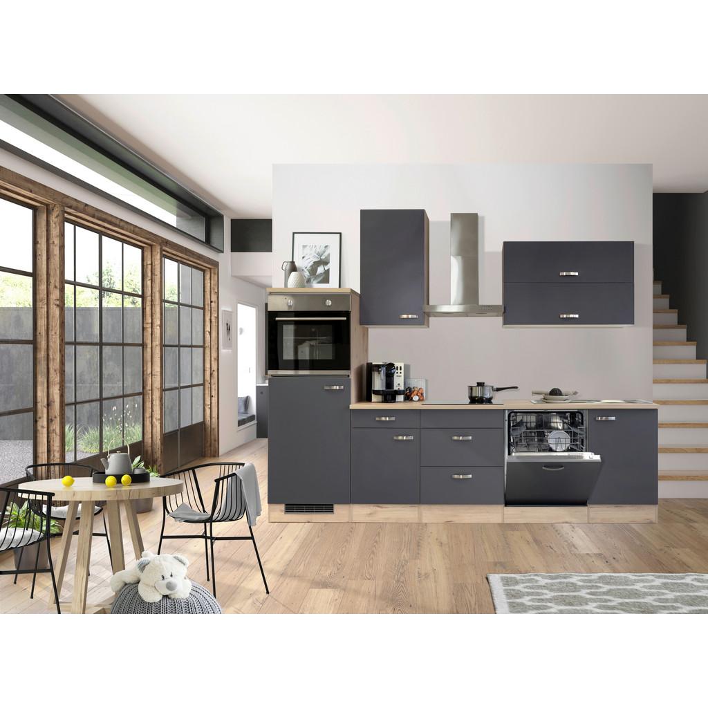 Küchenzeile Shadow mit Geräten 280 cm Grau/Eiche Dekor