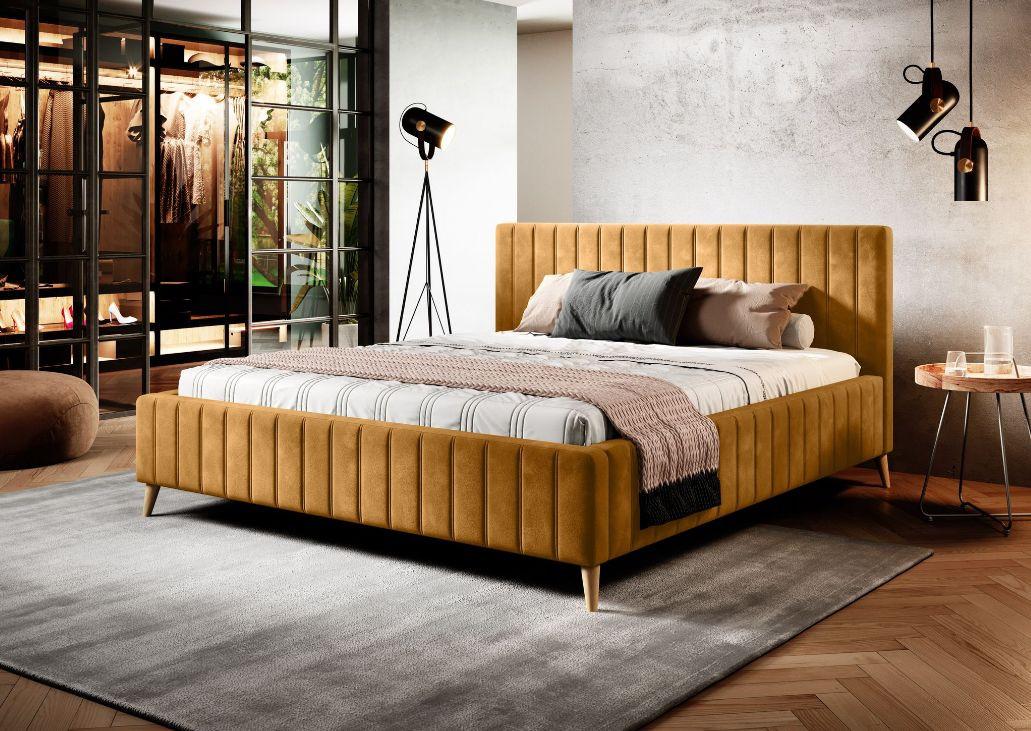 Manželská posteľ s roštom Tamina, 140x200, žltá - prírodná farba/kari žltá, Design, drevo/textil (140/200cm)