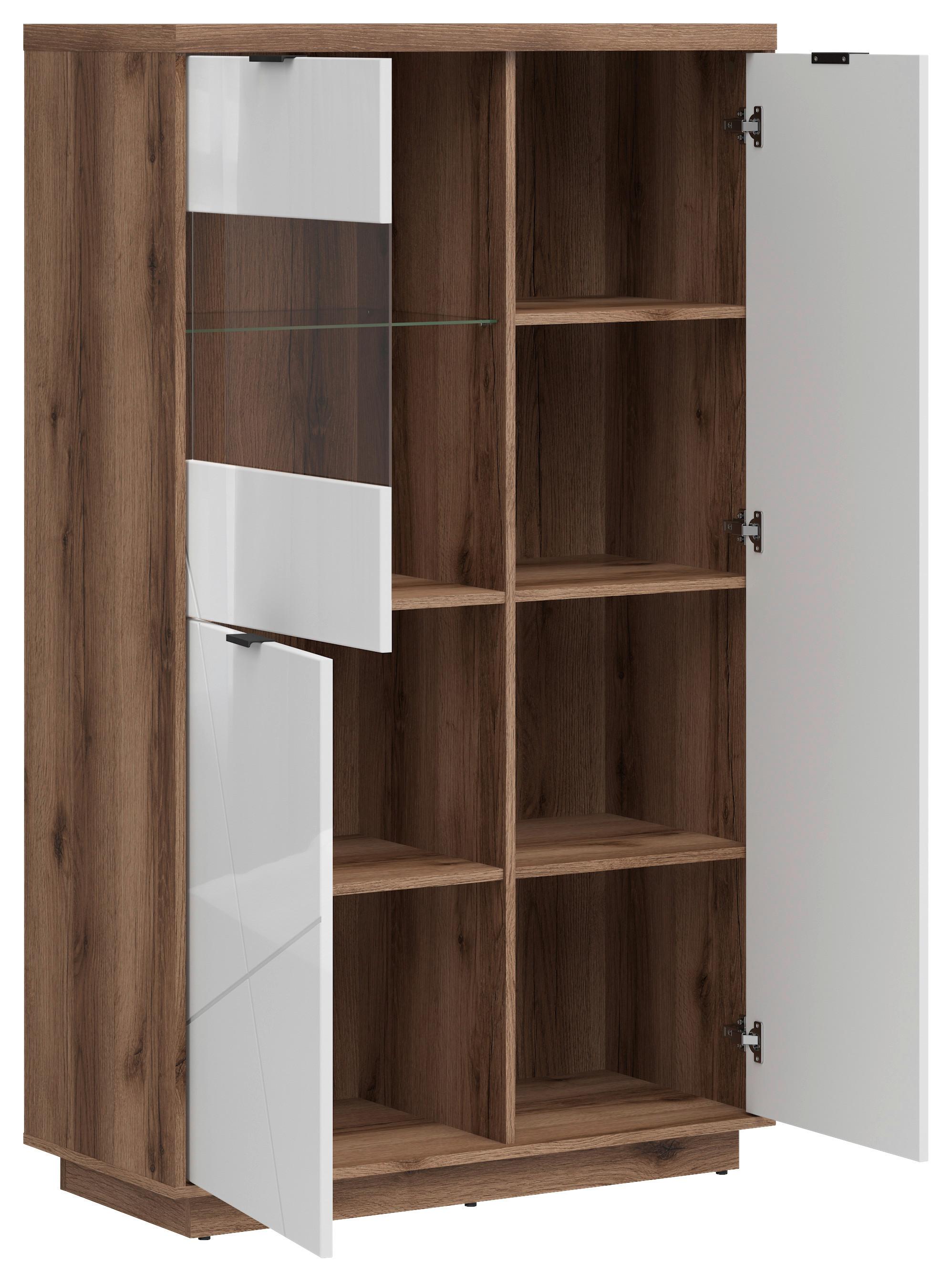 Vitrine Forn Glass-Door Cabinet - Weiß Hochglanz/Eichefarben, Design, Glas/Holzwerkstoff (94/157/42,5cm)