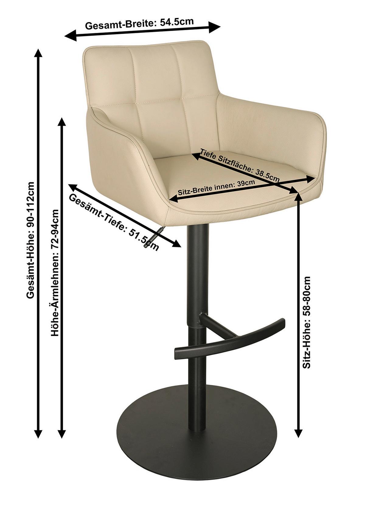 Barhocker Porto Beige B: 54,5 cm - Beige/Schwarz, MODERN, Leder/Metall (54,5/90/112/51,5cm) - Livetastic