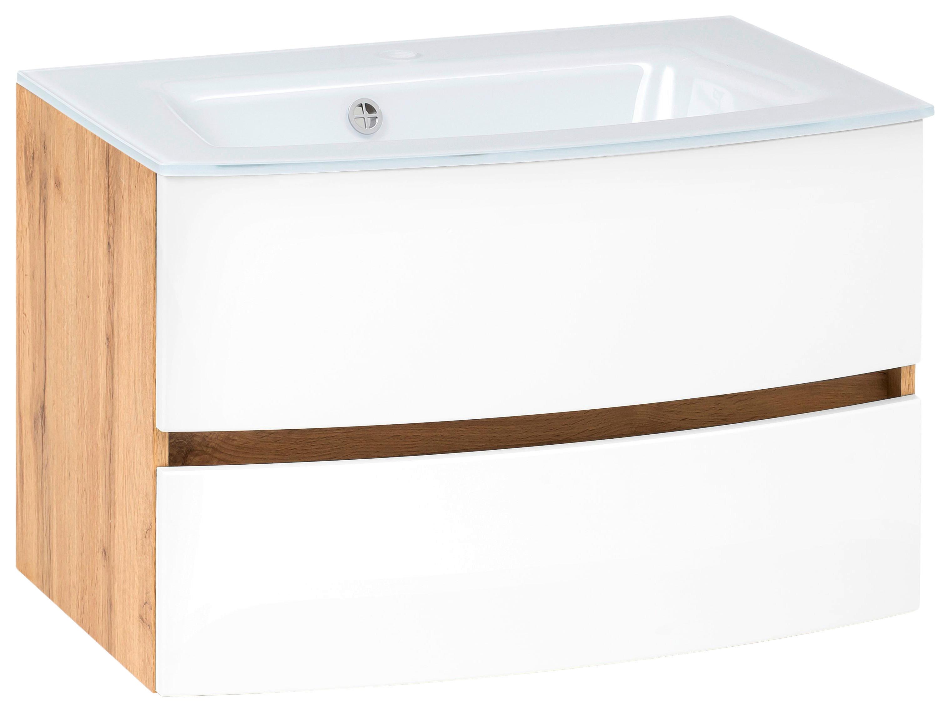 Waschbecken mit Unterschrank Kopenhagen B: 80cm Weiß - Eichefarben/Weiß, KONVENTIONELL, Glas/Holzwerkstoff (80cm) - Held