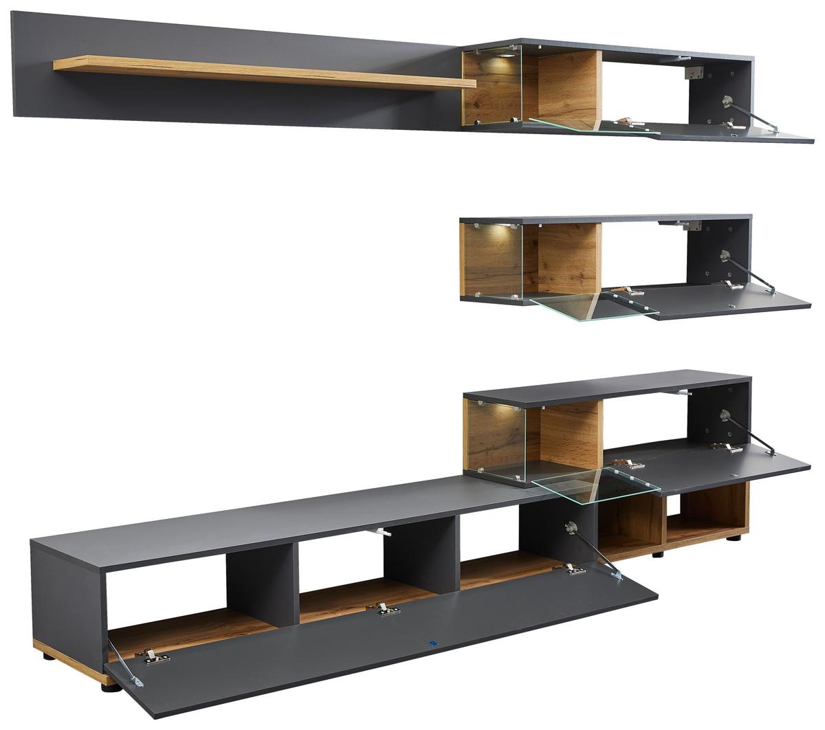Wohnwand Modern 3 Tlg. Silk Wotaneiche Dekor/anthrazit - Eichefarben/Anthrazit, MODERN, Glas/Holzwerkstoff (240/150/40cm) - Livetastic