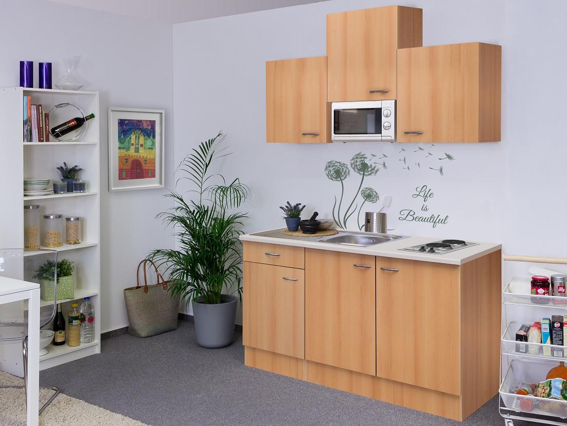 Kuchynský blok vrátane spotrebičov a drezu - farba buka/farba ušľachtilej ocele, Modern, kompozitné drevo/plast (150cm) - MID.YOU