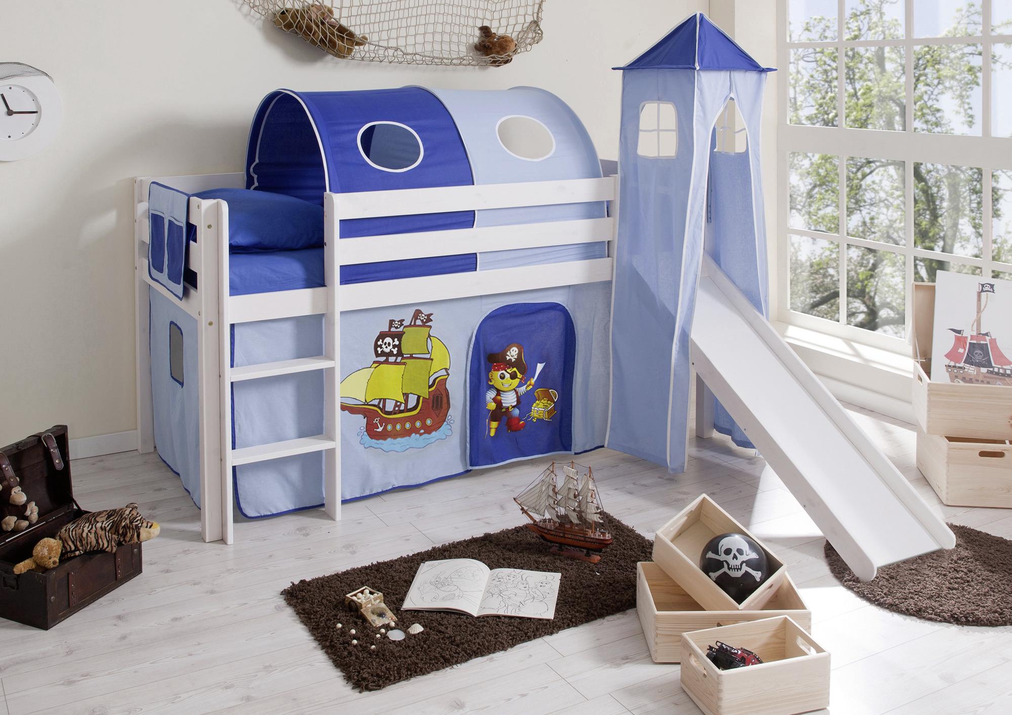 Spielbett Kasper Blau/ Weiß Kiefer Massiv 90 Cm Rutsche - Blau/Weiß, Natur, Holz (90/200cm) - MID.YOU