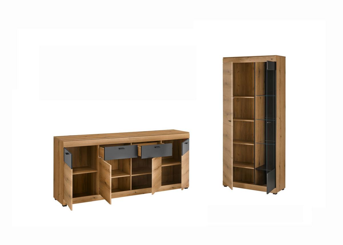 Wohnwand Soleto Graphit/Eichefarben B: 89,8cm - Eichefarben/Schwarz, Design, Glas/Holzwerkstoff (89,8/200,2/35,4cm) - MID.YOU