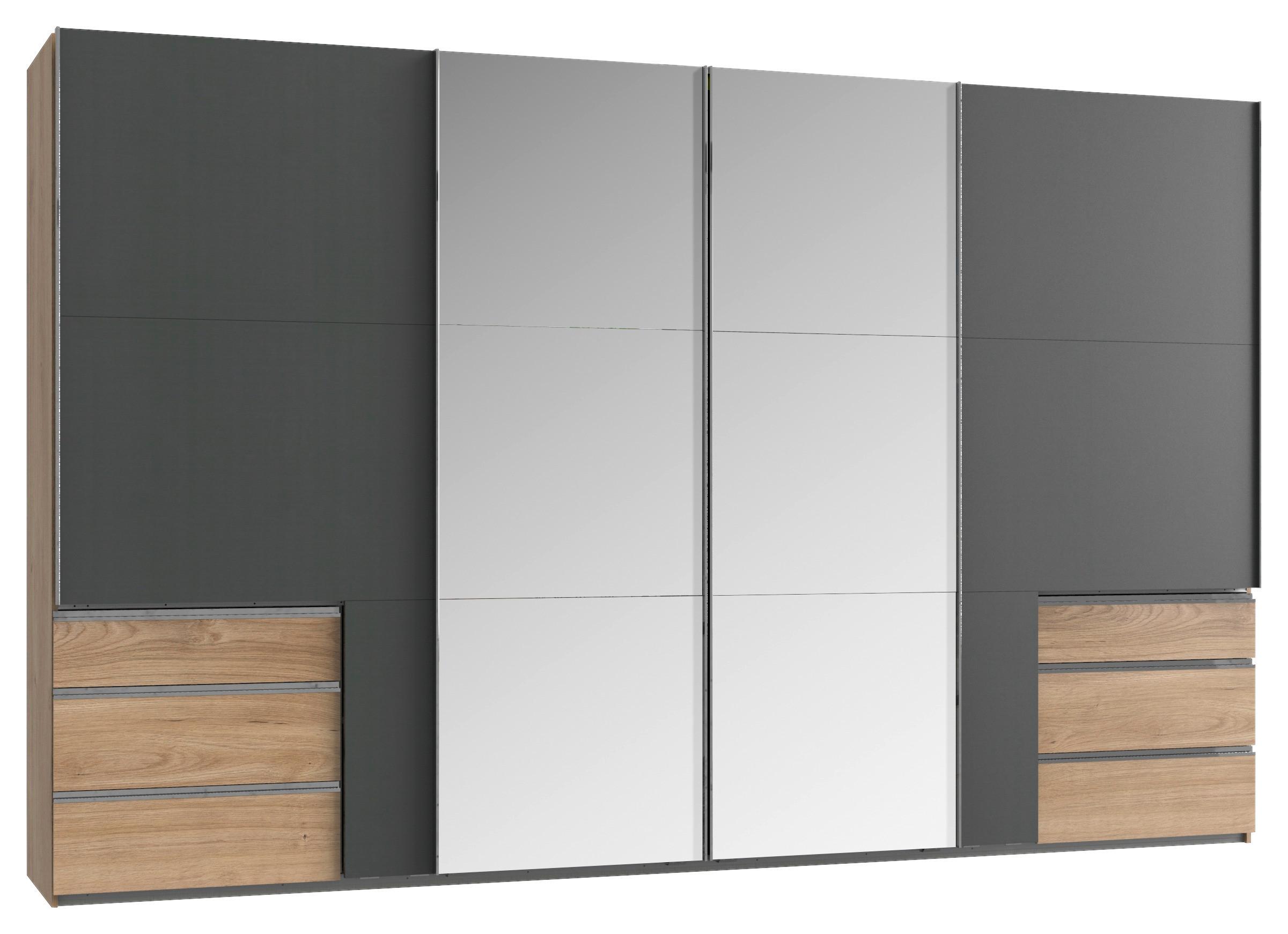 Schwebetürenschrank Level 36 A Graphit/Eiche/Spiegel, B:350cm - Eichefarben/Graphitfarben, Basics, Glas/Holzwerkstoff (350/216/65cm) - MID.YOU