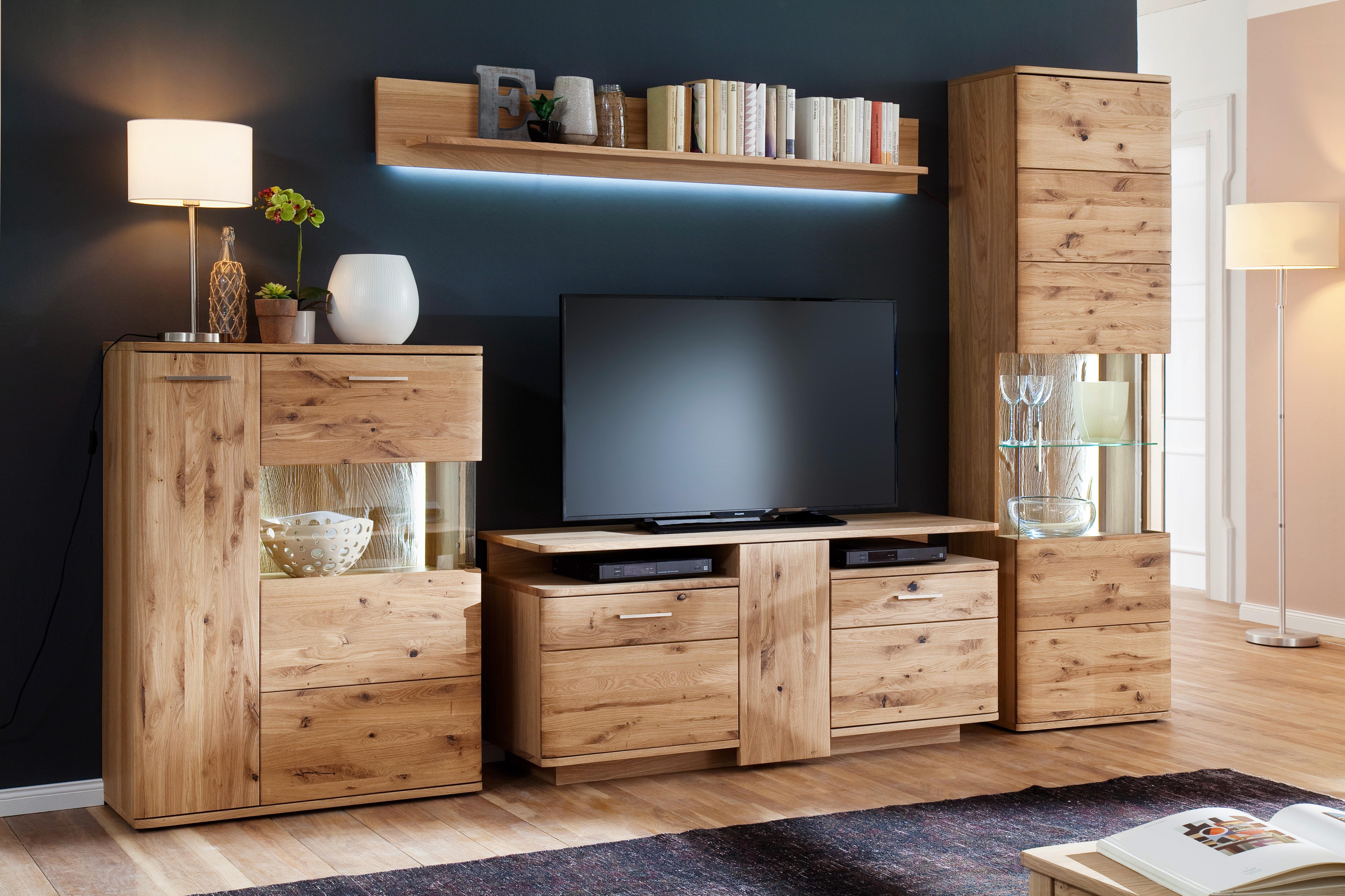 Highboard teilmassiv B: 90 cm Santori Eichefarben - Eichefarben/Schwarz, Design, Glas/Holz (90/122/37cm) - Livetastic