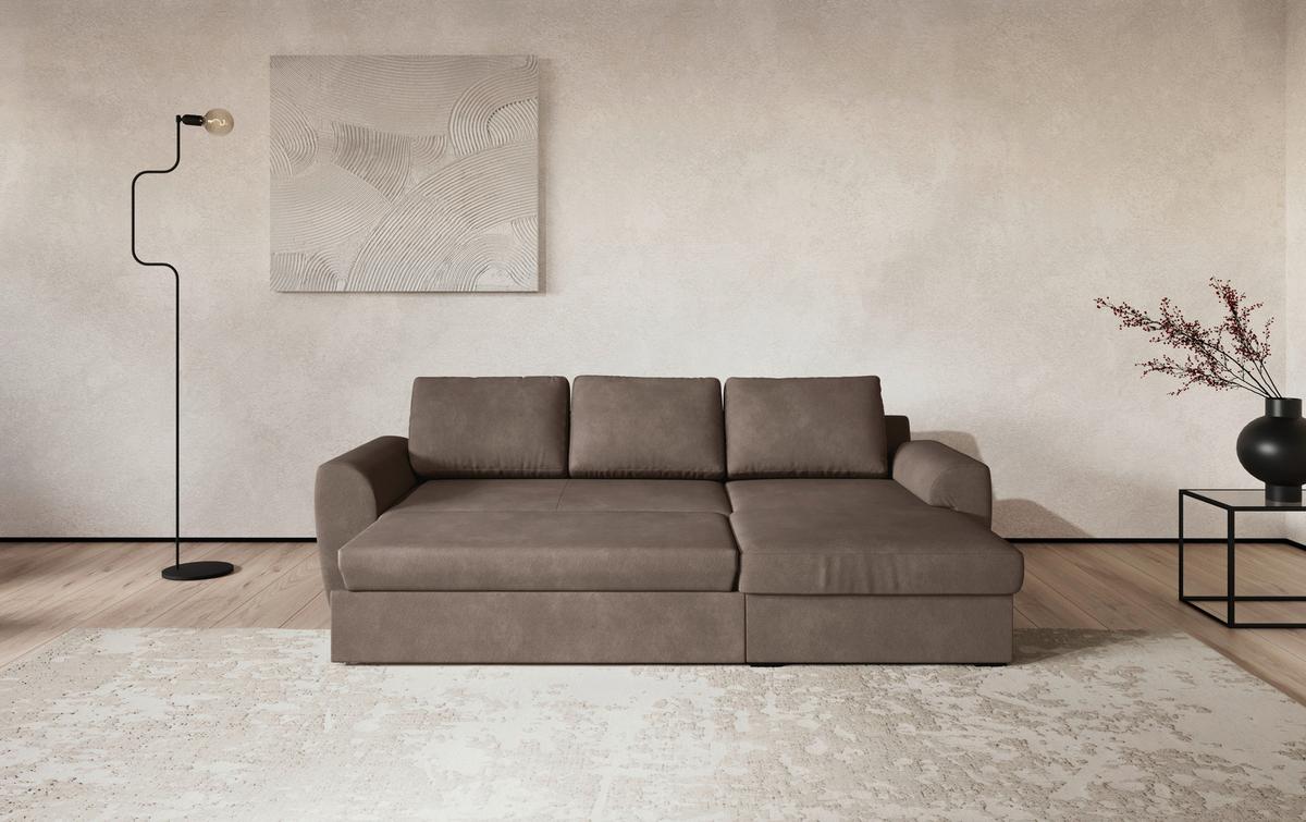 Ecksofa mit Bettfunktion Mikrofaser taupe, B: 253cm - Taupe/Schwarz, Trend, Textil (253/154cm) - MID.YOU