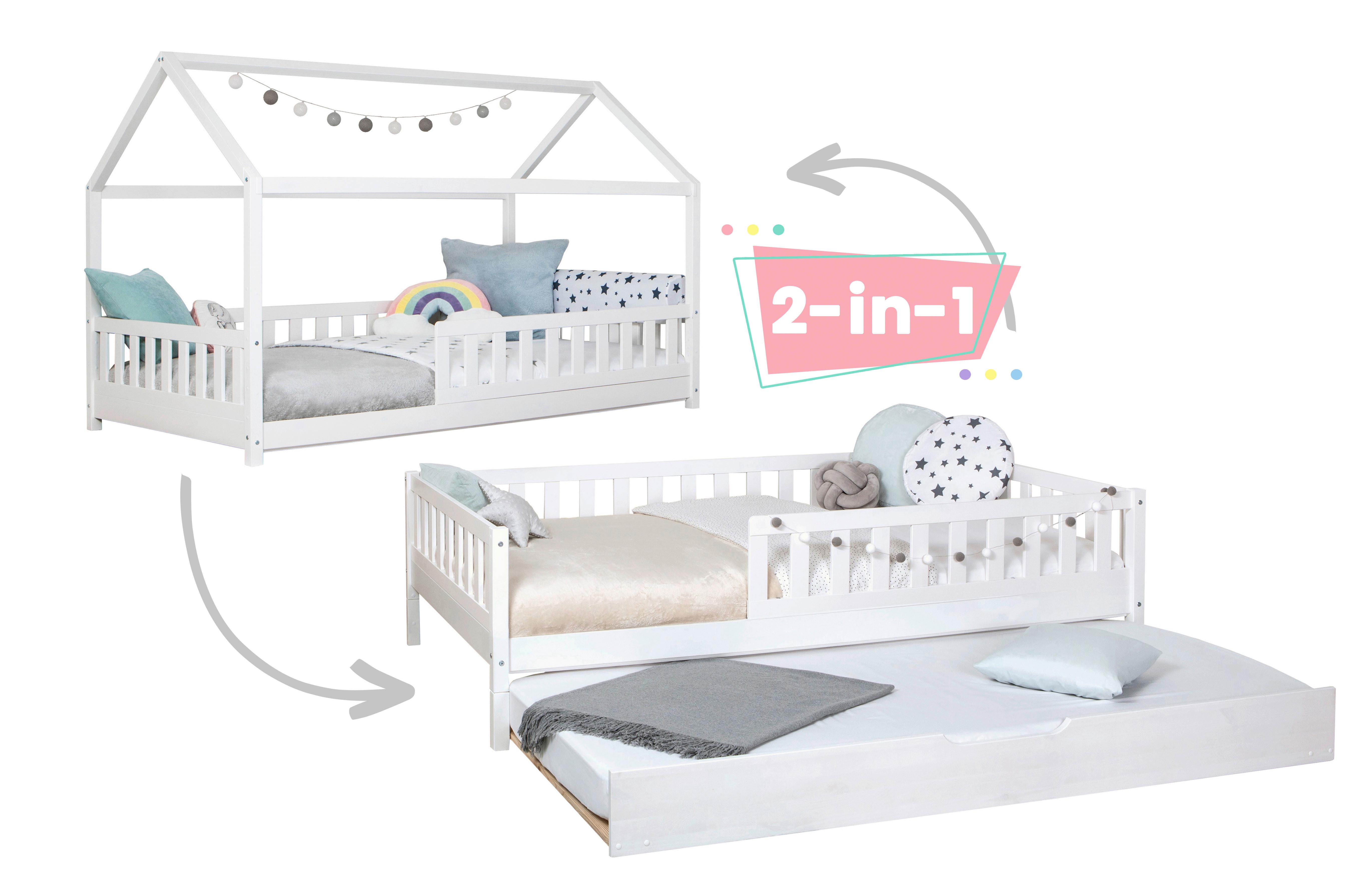 Bodenbett 100/200 Cm In Weiß Inkl. Matratzen Und Zusatzbett - Weiß/Naturfarben, MODERN, Holz/Textil (100/200cm) - MID.YOU