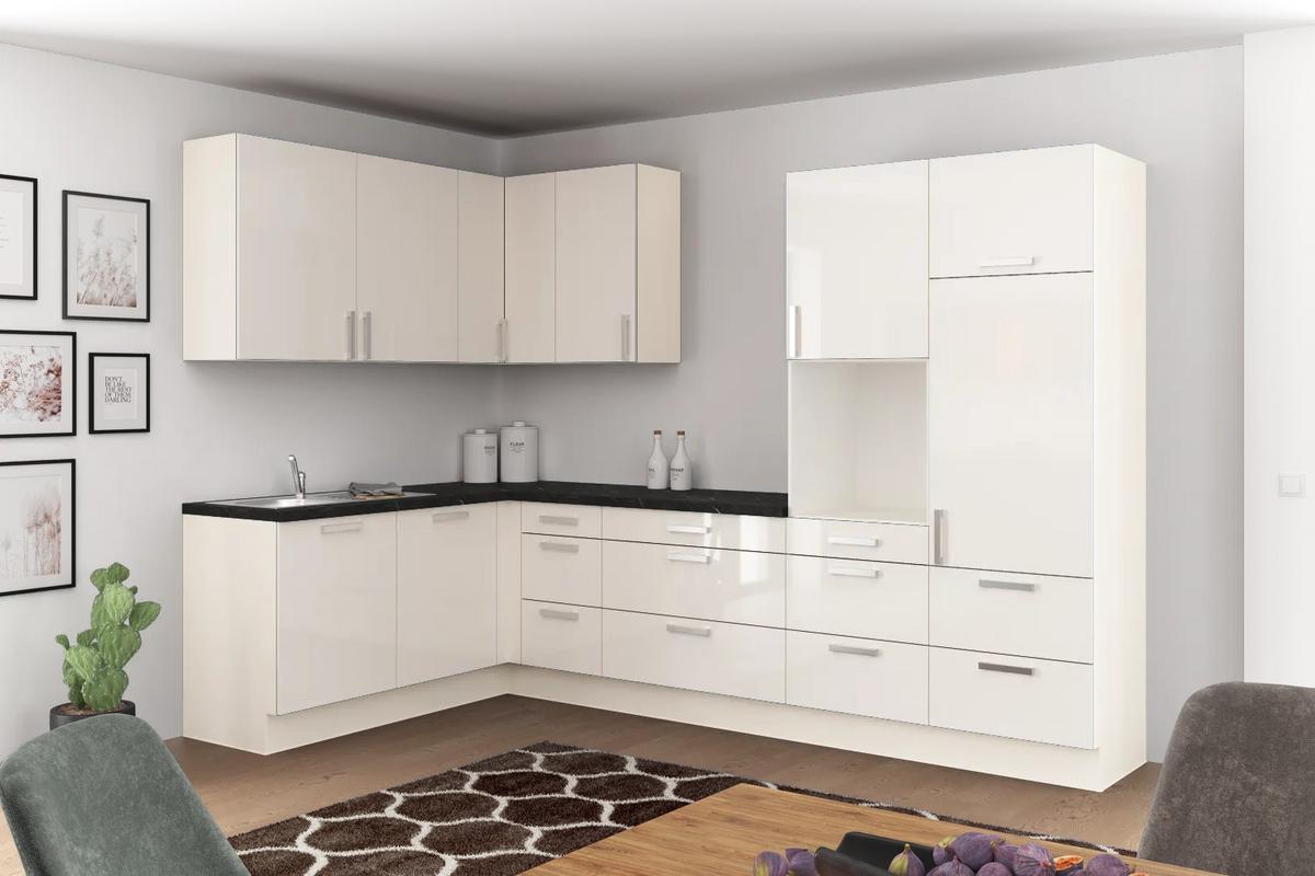 Eckküche Ip4050 Ohne Geräte 185x320 Cm Magnolie - Magnolie/Schwarz, Basics (185/320cm)