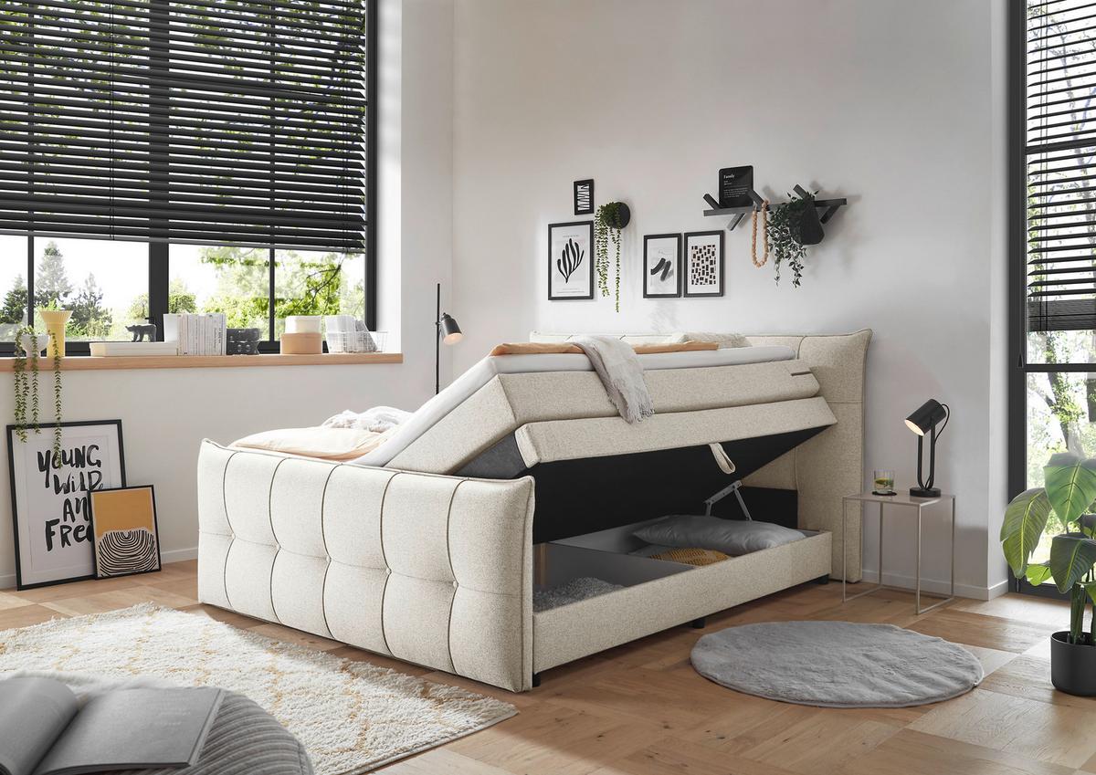 Boxspringbett Manchester 6 - Creme/Schwarz, MODERN, Holzwerkstoff/Textil (180/200cm) - MID.YOU