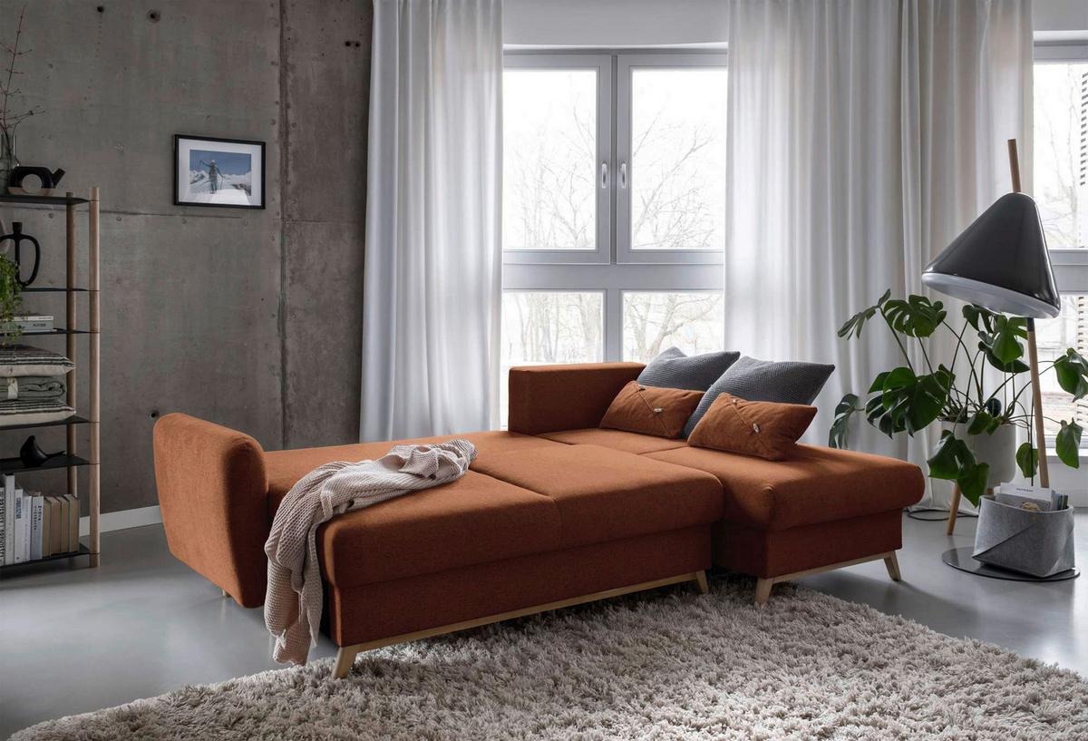 Sedačka LUCILE S, pravá, tehlová, úl.priestor a lôžko - prírodná farba/terakotová, drevo/textil (235/157cm) - MID.YOU