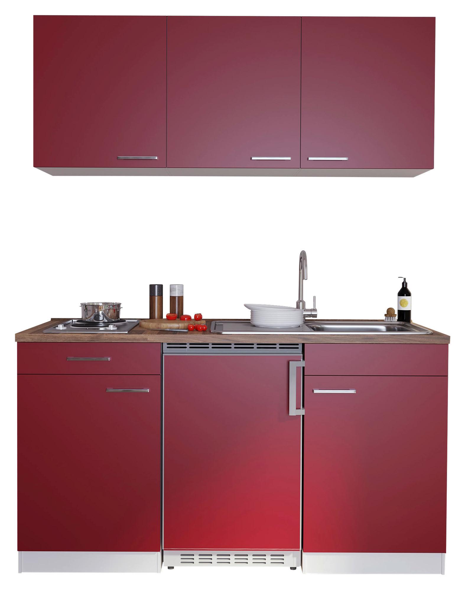 Miniküche Economy mit Geräten 150 cm Rot/ Nussbaum Dekor - Rot/Nussbaumfarben, Basics, Holzwerkstoff (150cm) - Respekta