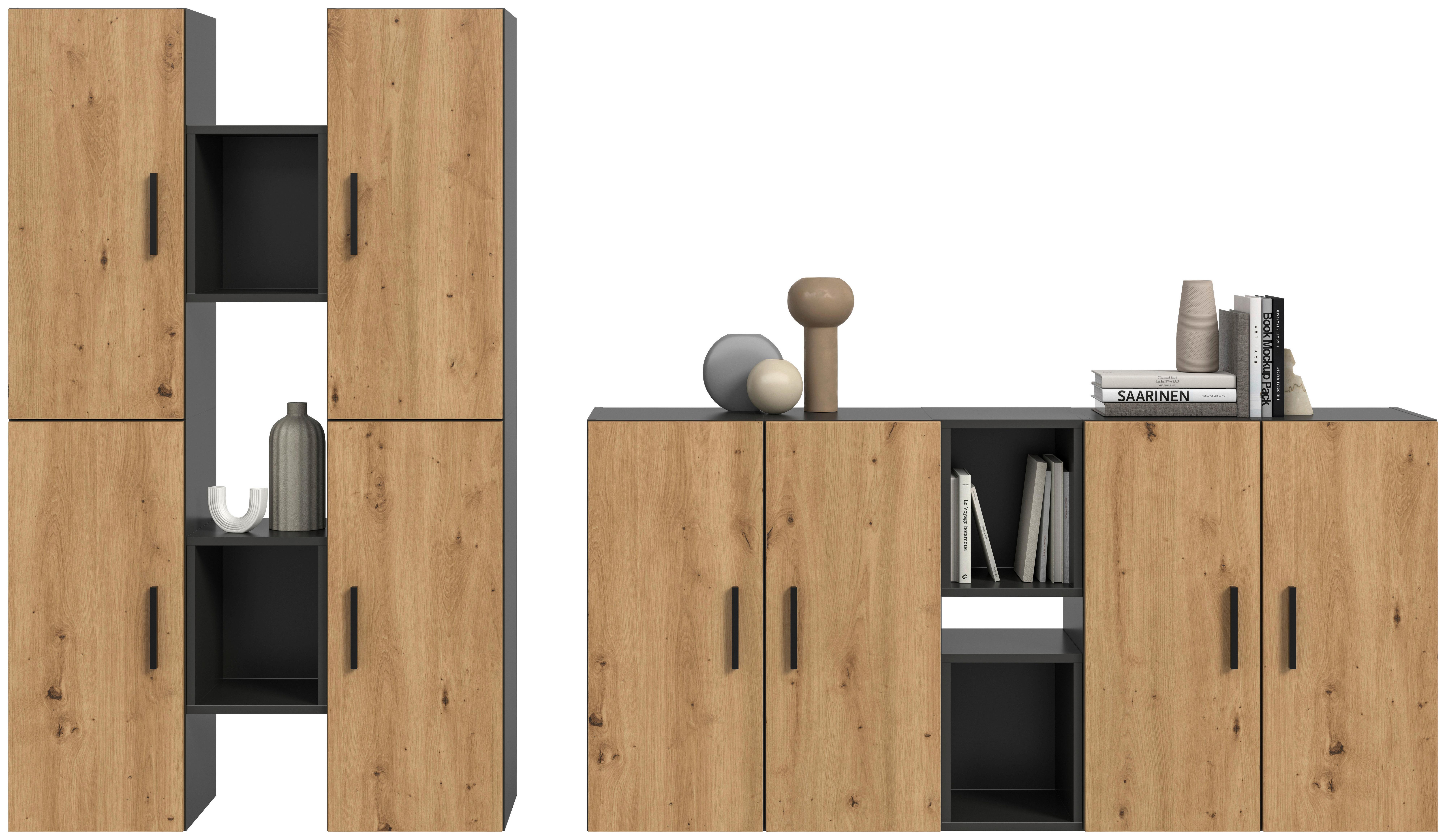 Wohnwand, The One 5, B: 270 cm Artisan Eiche Dekor/Grau - Schwarz/Eiche Artisan, Trend, Holzwerkstoff (270/182/34cm)