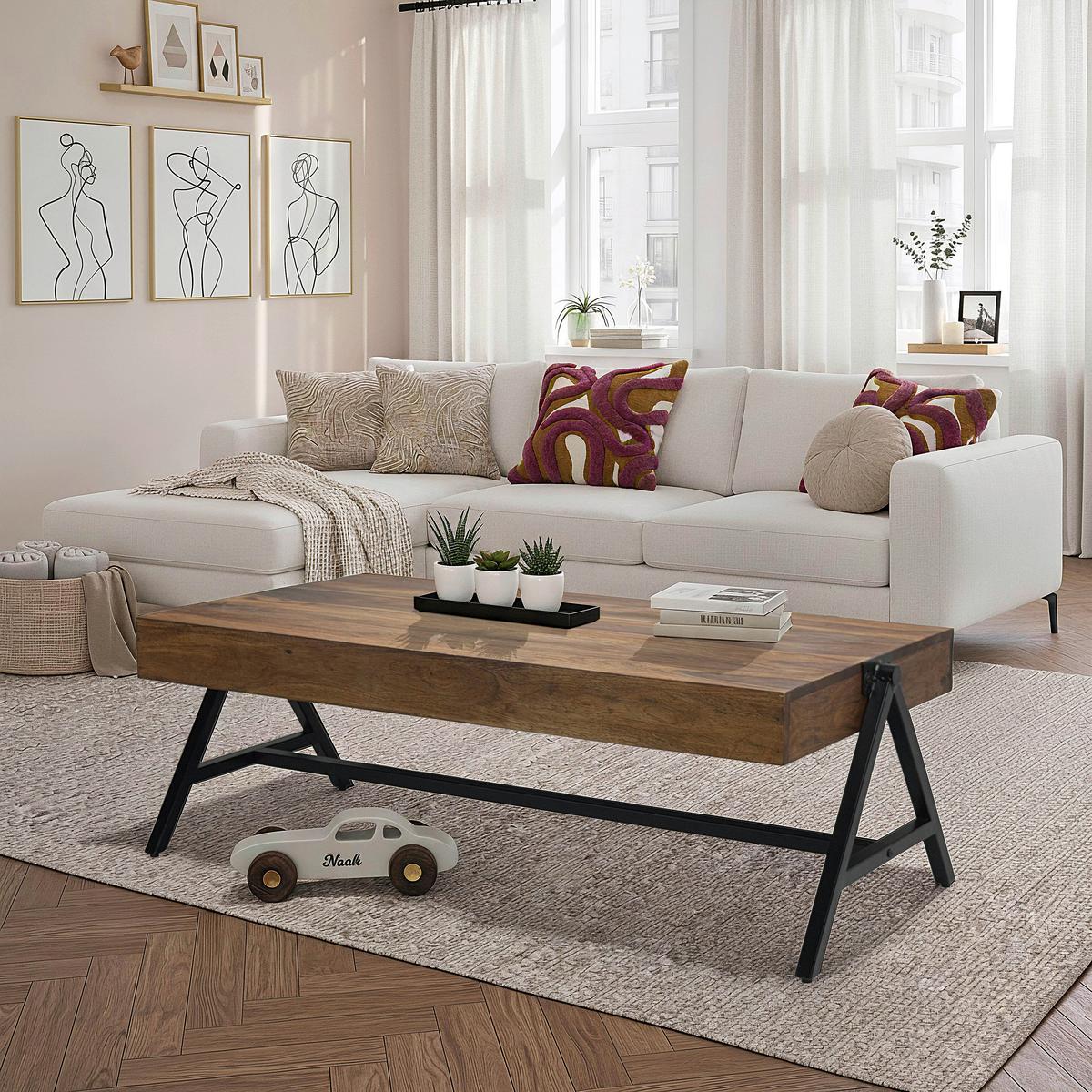COUCHTISCH Braun L: 120cm - Schwarz/Braun, Design, Holz/Metall (120/60/40cm) - MID.YOU