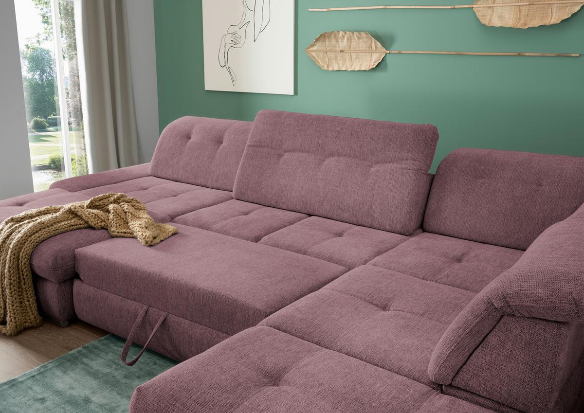 Wohnlandschaft Dalida Mit Schlaffunktion Brombeere - Chromfarben/Brombeere, Design, Textil (195/376/254cm) - Livetastic