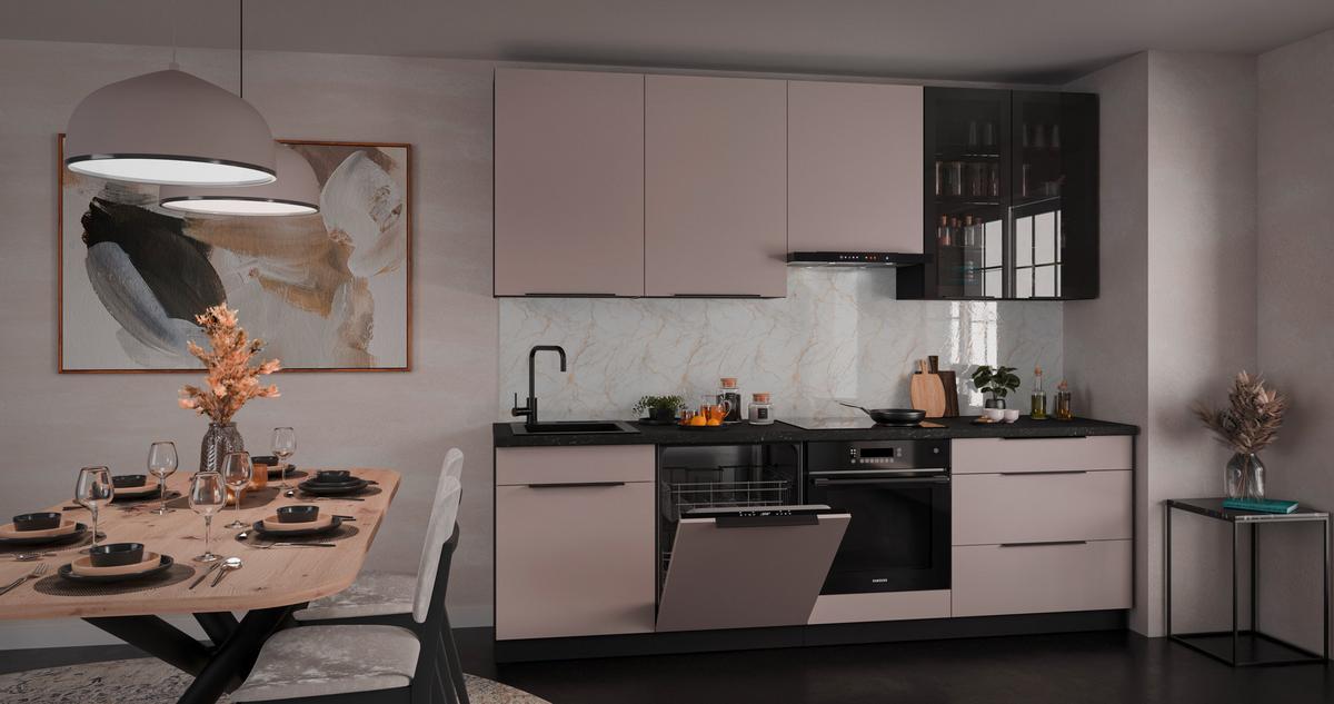 Konyhablokk Gépek Nélkül Arona - bézs/fekete, Modern, faalapú anyag/üveg (260/235/60cm) - Modern Living