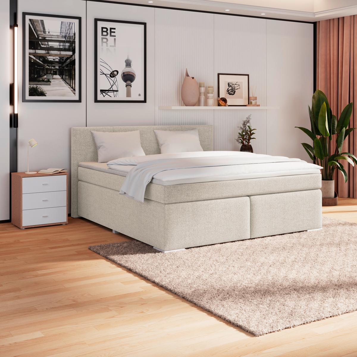 Boxspringbett Mira Webstoff Beige, Lf:160x200cm - Beige/Silberfarben, KONVENTIONELL, Holz/Textil (160/200cm)