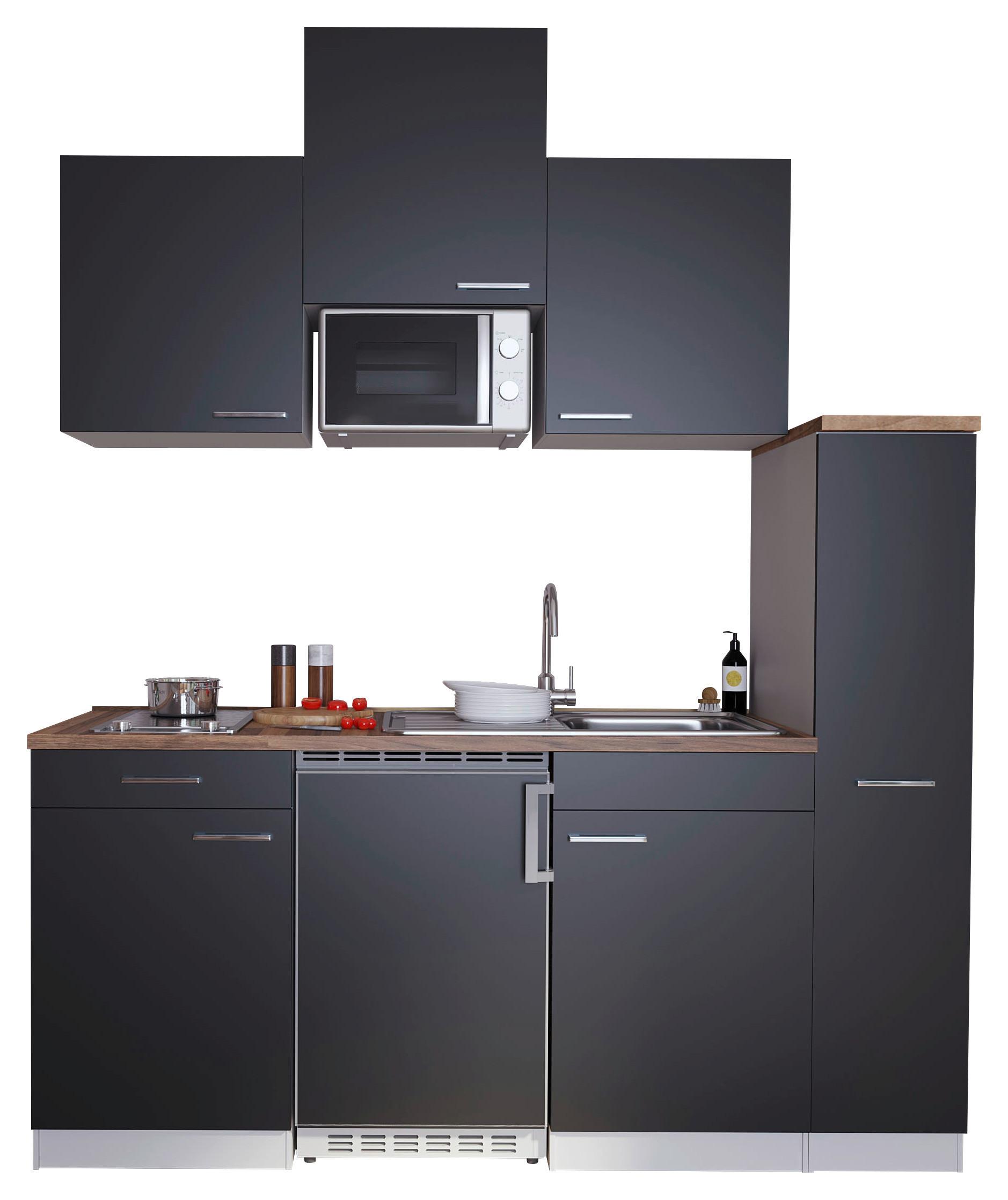 Küchenzeile Economy mit Geräten 180 cm Schwarz/ Nussbaum Dekor - Nussbaumfarben/Schwarz, Basics, Holzwerkstoff (180/200/60cm) - Respekta