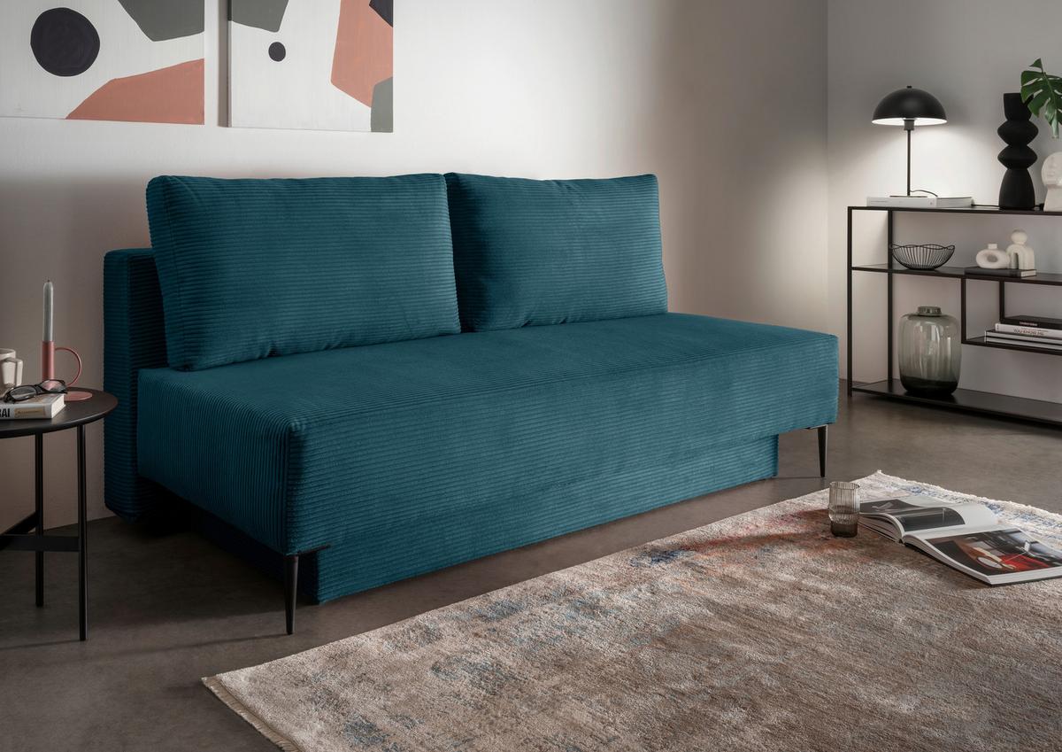 Schlafsofa Petri Petrol Cord, Rücken Echt B: 198 Cm - Petrol/Schwarz, MODERN, Textil (198/90/100cm) - Livetastic