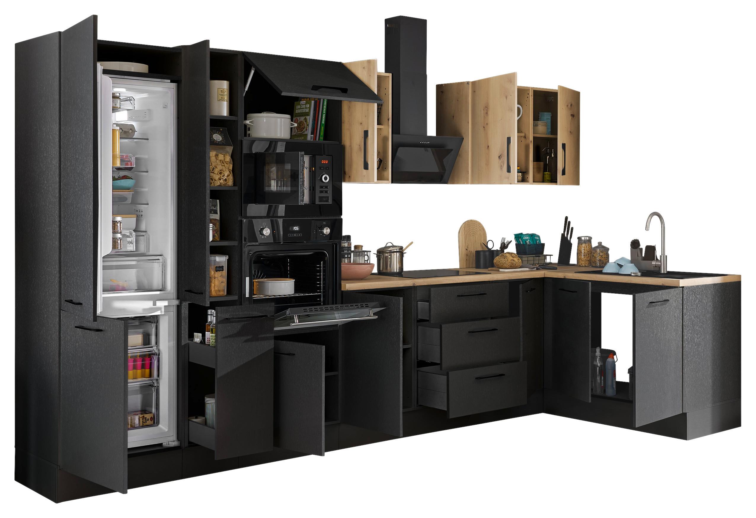 Eckküche Turin Schwarz/Eiche Dekor 360x165 cm - Schwarz/Eiche Artisan, Basics, Holzwerkstoff (360/165cm) - MID.YOU