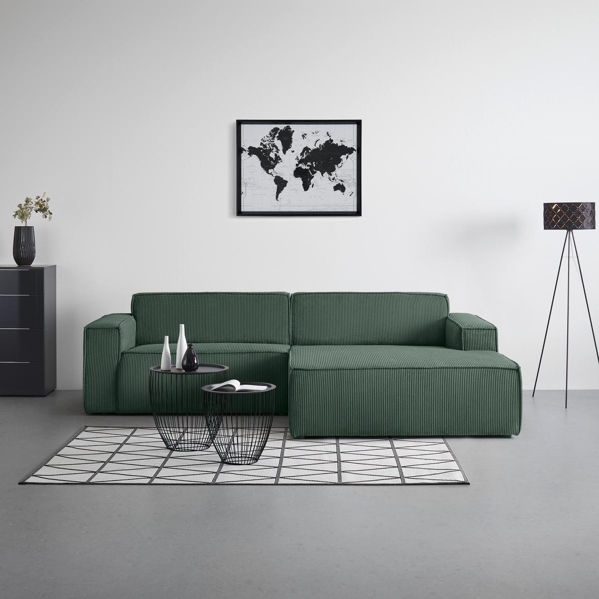 Rohová sedačka LOFT, pravá, tmavě zelený manšestr - černá/světle zelená, Moderní, textil/plast (265/75/172cm) - Mömax