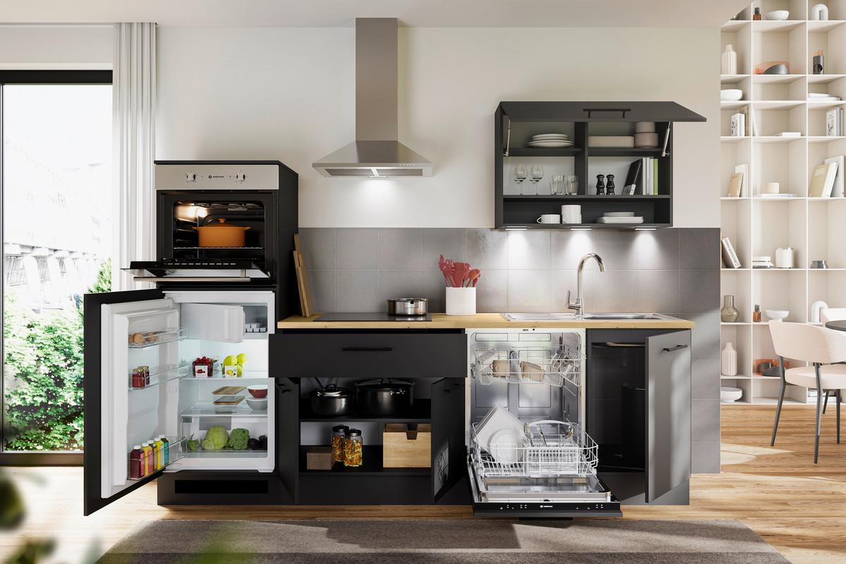 Küchenblock Berlin Schwarz/Eiche Dekor B: 260 cm - Schwarz/Eiche Artisan, Design, Holzwerkstoff (260cm) - MID.YOU