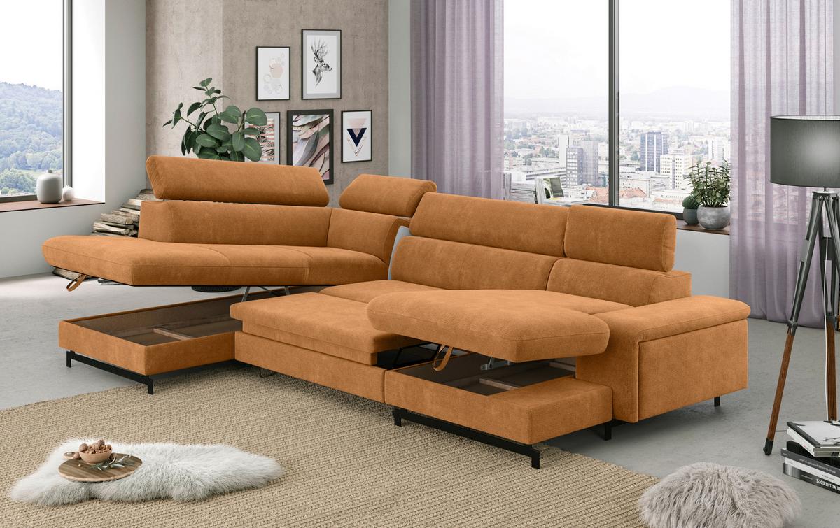Wohnlandschaft mit Bettkasten Emma Cognac - Cognac/Schwarz, Textil (215/328/165cm) - MID.YOU