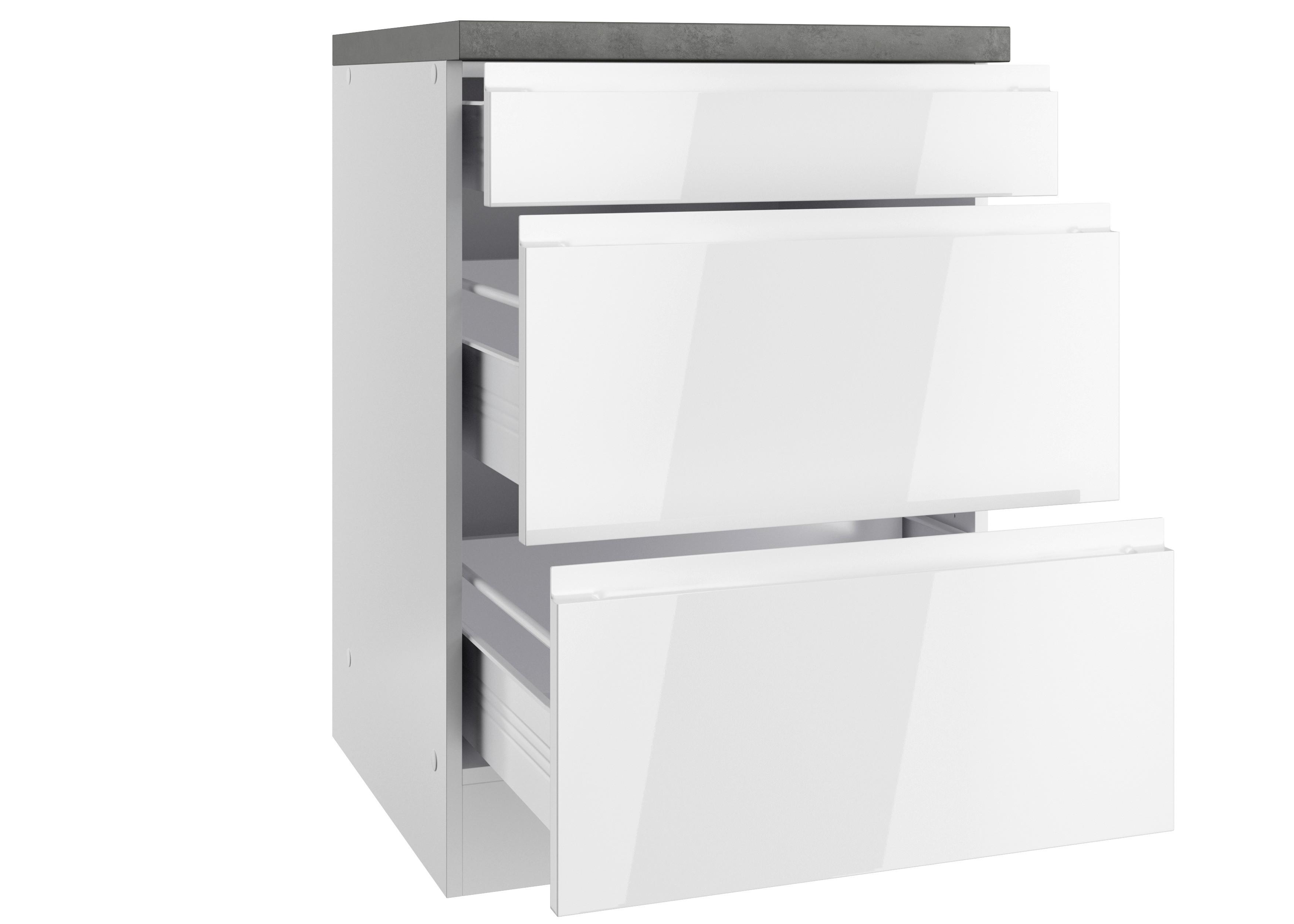 Küchenunterschrank Monza B: 60 cm Weiß/Grau 3 Laden - Weiß Hochglanz/Weiß, LIFESTYLE, Holzwerkstoff (60/86/60cm) - Held