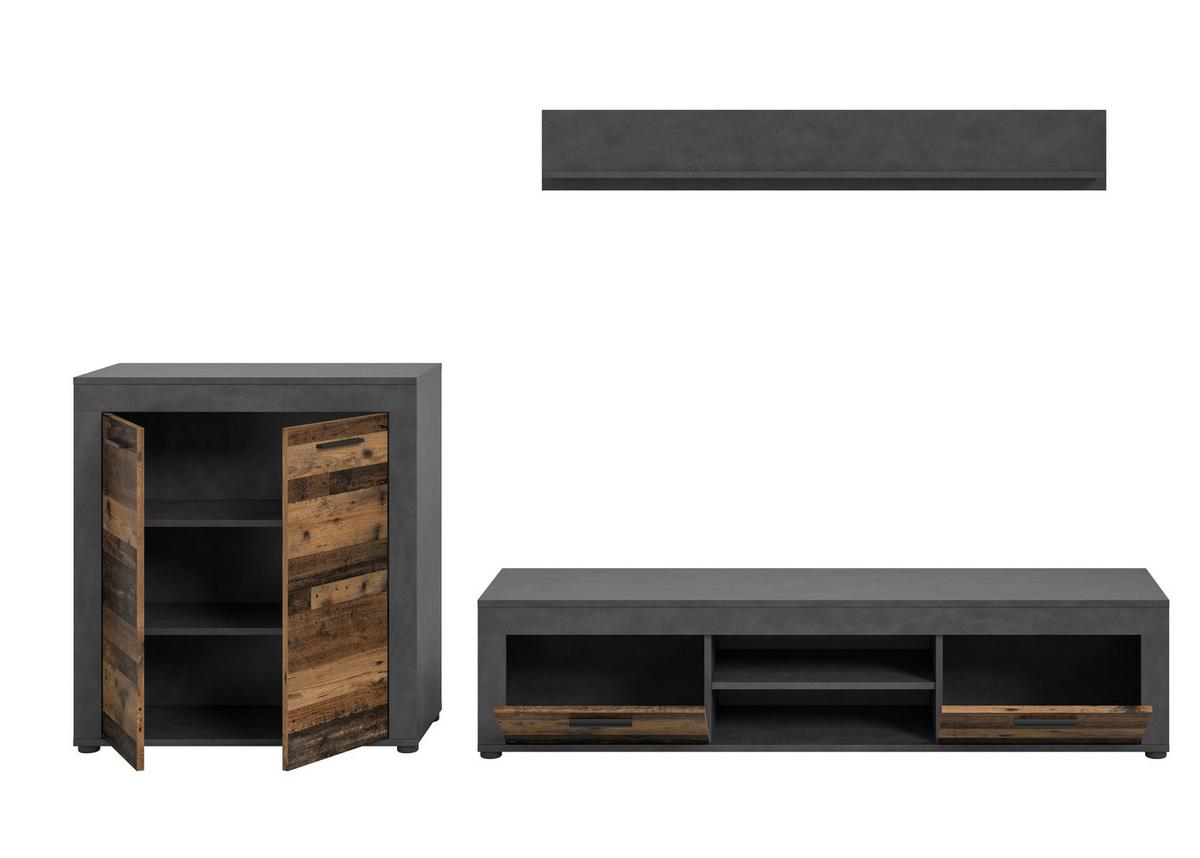 Wohnwand Jam Old Wood Grau 3-Teilig B: 255 Cm - Schwarz/Naturfarben, Design, Holzwerkstoff (255/159/35cm) - MID.YOU