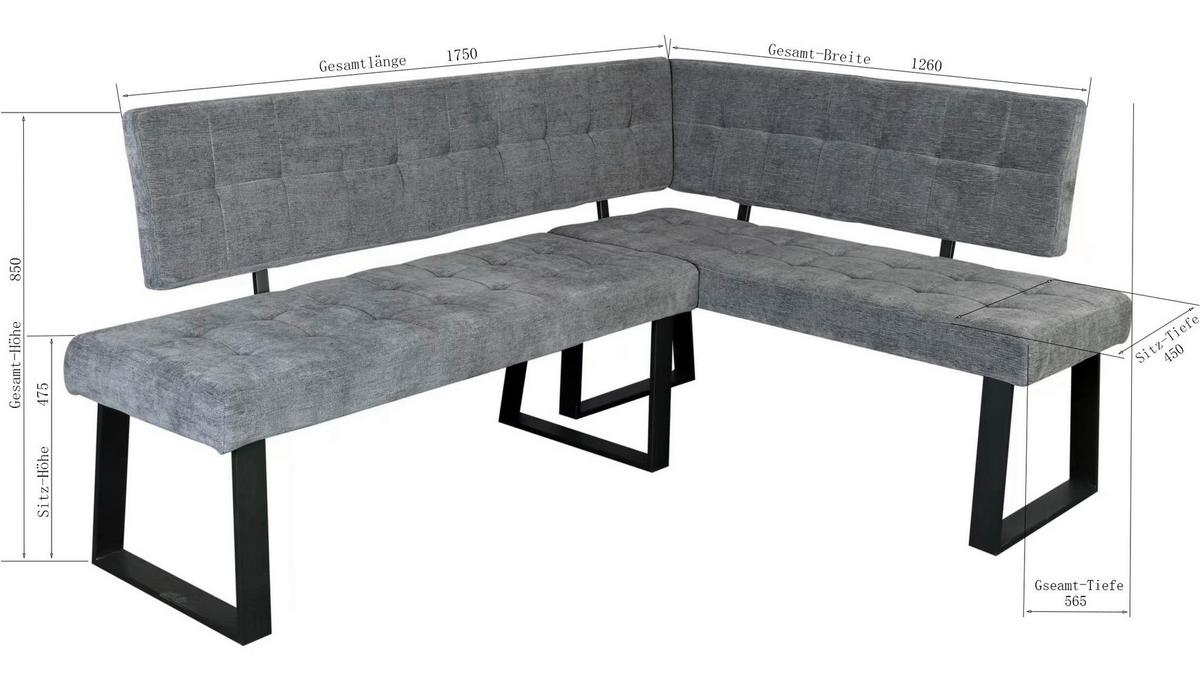 Eckbank Lavik Webstoff Hellgrau 185x134 cm - Hellgrau/Schwarz, MODERN, Textil/Metall (185/134cm) - MID.YOU