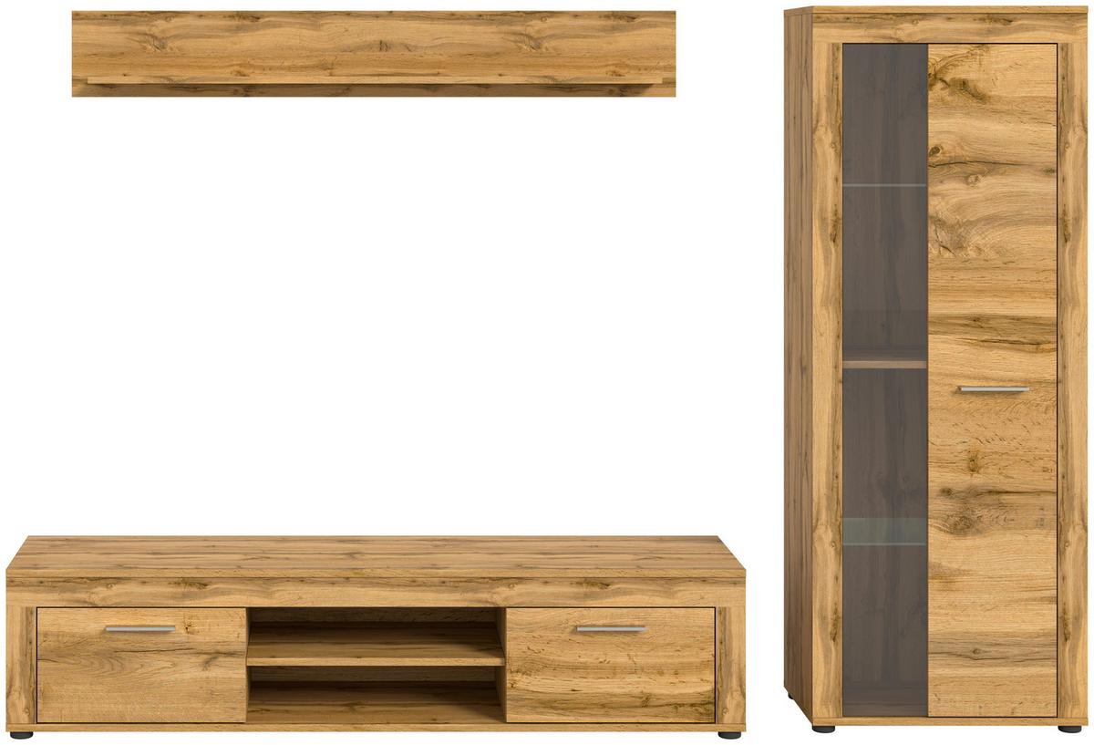 Wohnwand Eiche Dekor 3-teilig B: 235 cm - Eiche Wotan/Schwarz, Design, Glas/Holzwerkstoff (235/159/35cm) - MID.YOU