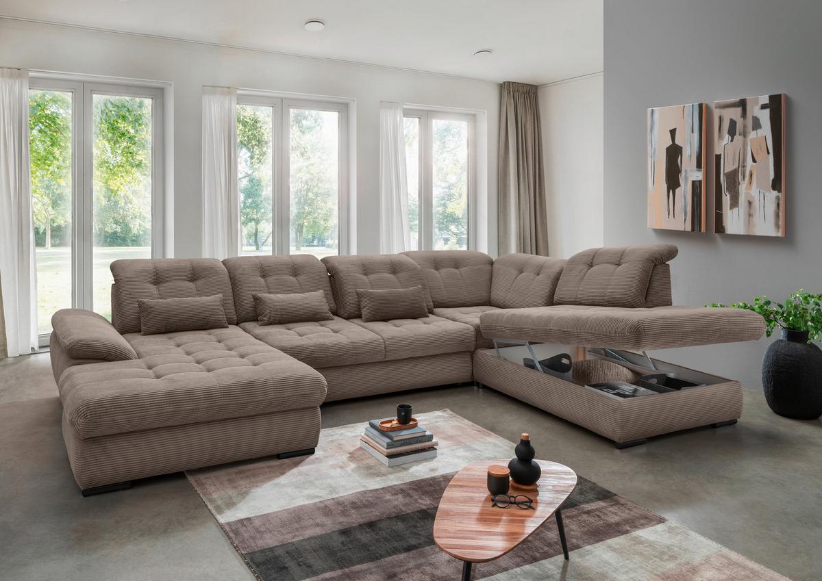 Wohnlandschaft Mit Bettkasten Rigatti Graubraun B: 387 Cm - Graubraun/Schwarz, MODERN, Textil (184/387/252cm) - Livetastic