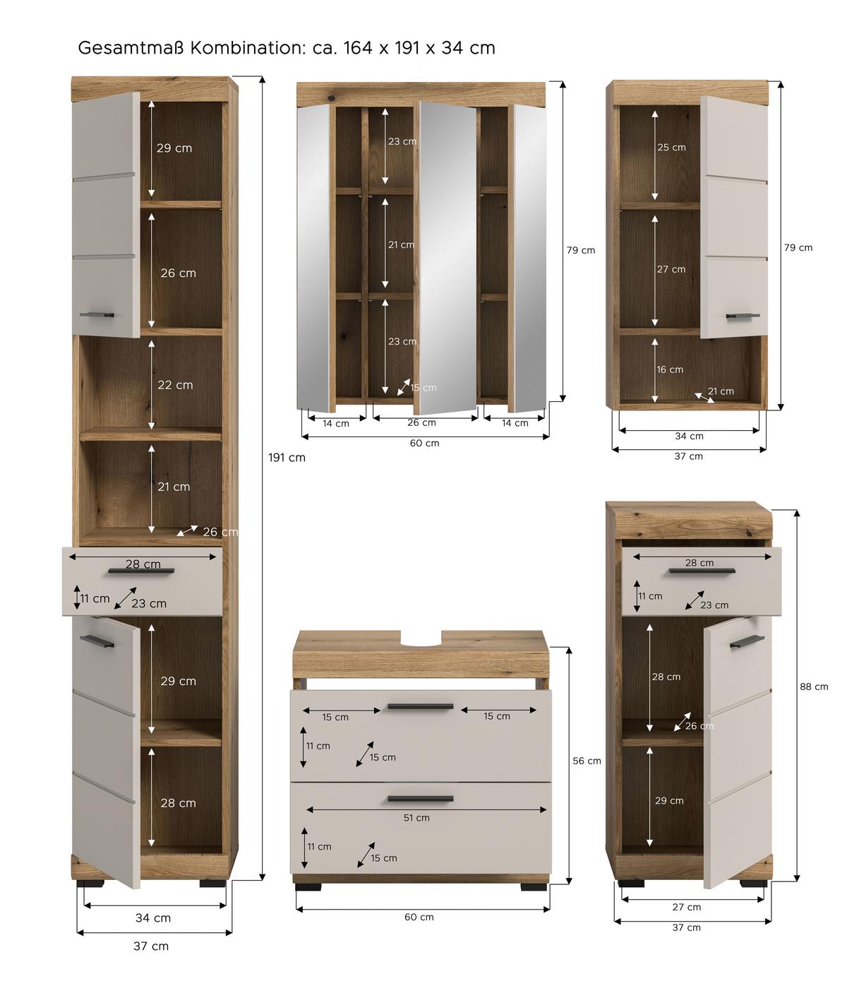 Badezimmer Scout Kaschmir/Naturfarben B: 134 cm - Kaschmir/Schwarz, MODERN, Glas/Holzwerkstoff (134cm) - MID.YOU