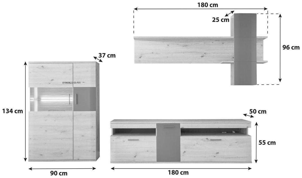 Wohnkombination 3-tlg. Cortona Anthrazit/eichefarben - Klar/Eichefarben, Design, Glas/Holzwerkstoff (310/198/50cm) - Livetastic