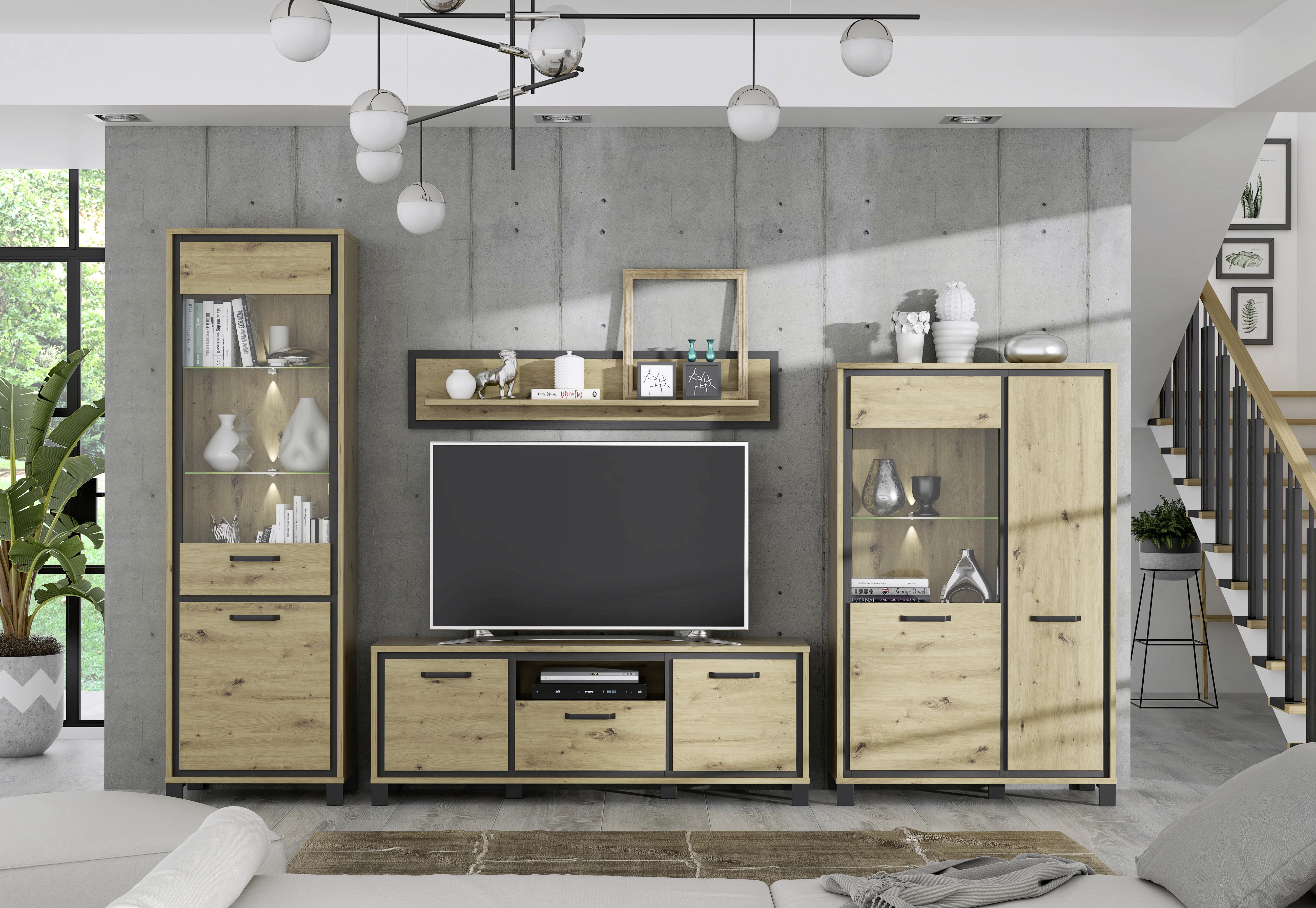 Wohnwand Modern 4 -teilig. Trondheim, Artisan Eiche Dekor - Eichefarben/Schwarz, Basics, Glas/Holzwerkstoff (344,2/208/41,5cm) - Livetastic