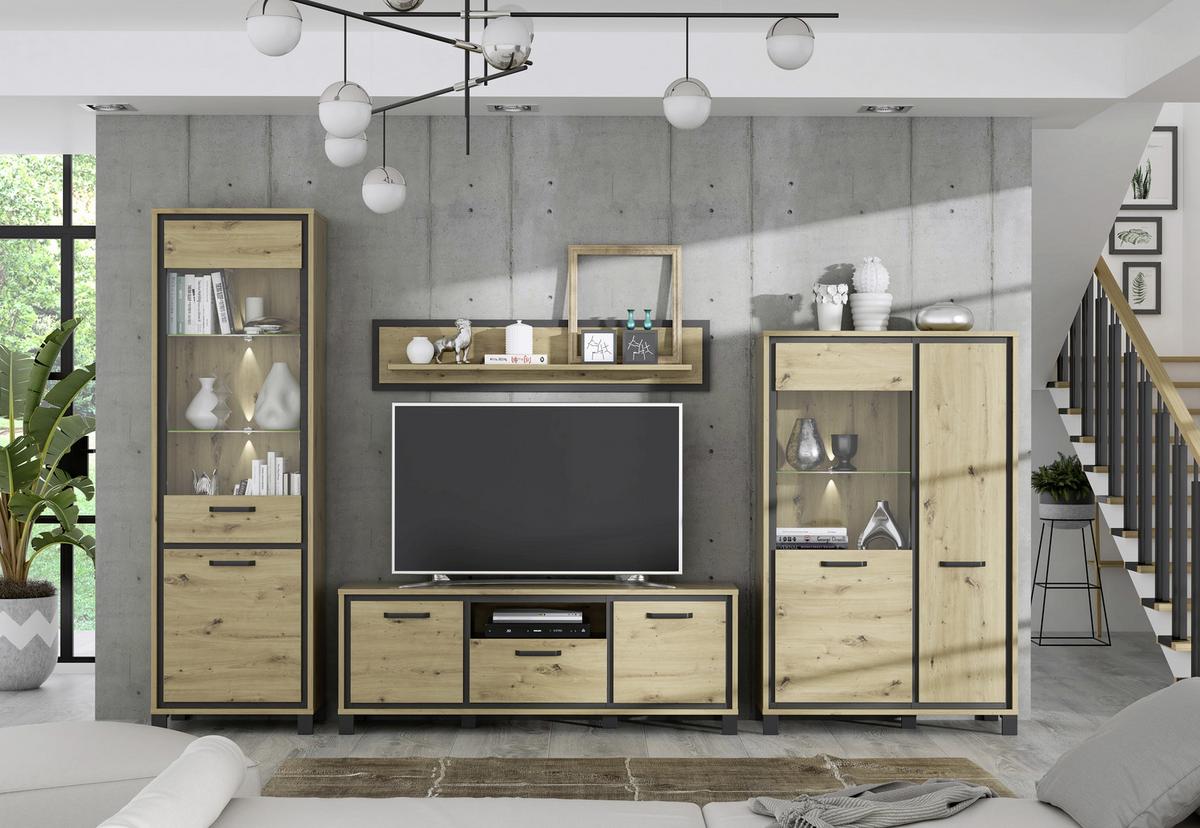 Wohnwand Modern 4 -Teilig. Trondheim, Artisan Eiche Dekor - Eichefarben/Schwarz, Basics, Glas/Holzwerkstoff (344,2/208/41,5cm) - Livetastic