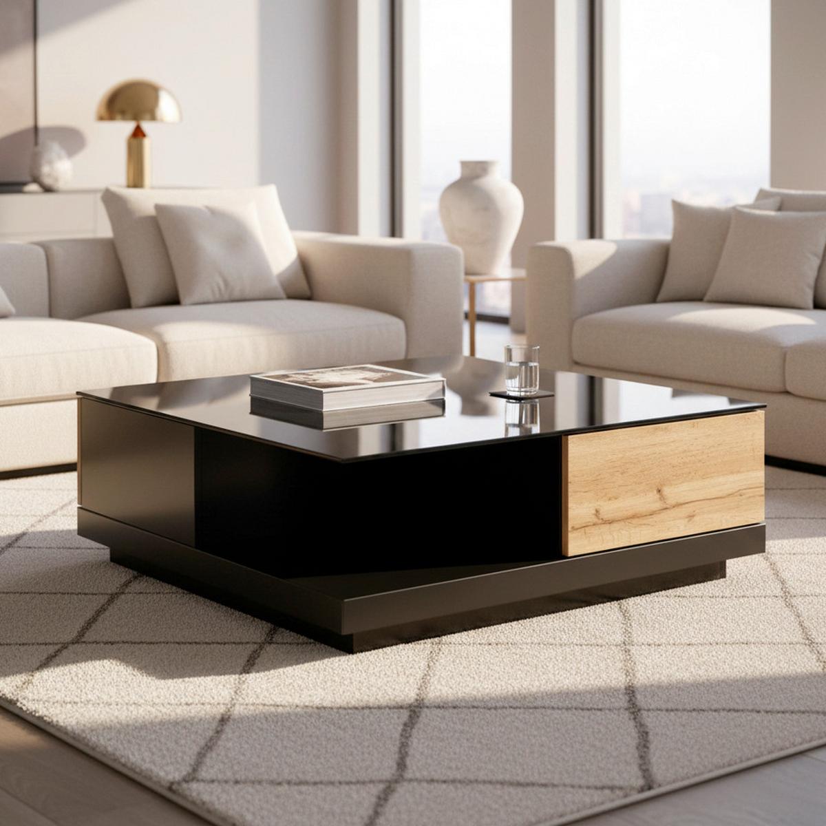 Konferenční stolek NEVIO černá/dub - černá/barvy dubu, Moderní, sklo (85/85/30cm) - Bessagi Home