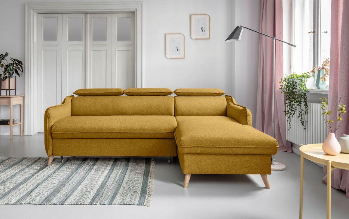 Rozkladacia sedačka Simone, pravé prevedenie - horčicovožltá/prírodná farba, Modern, drevo/textil (228/82/95/162cm)
