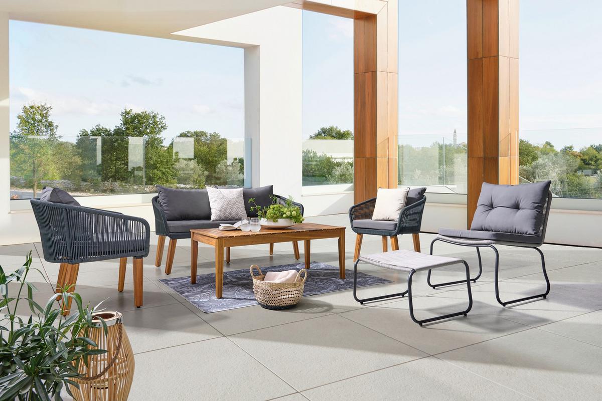 Gartensessel Stahl/Textil Fußhocker - Dunkelgrau/Schwarz, MODERN, Textil/Metall (64-55/80/75cm) - Beldano