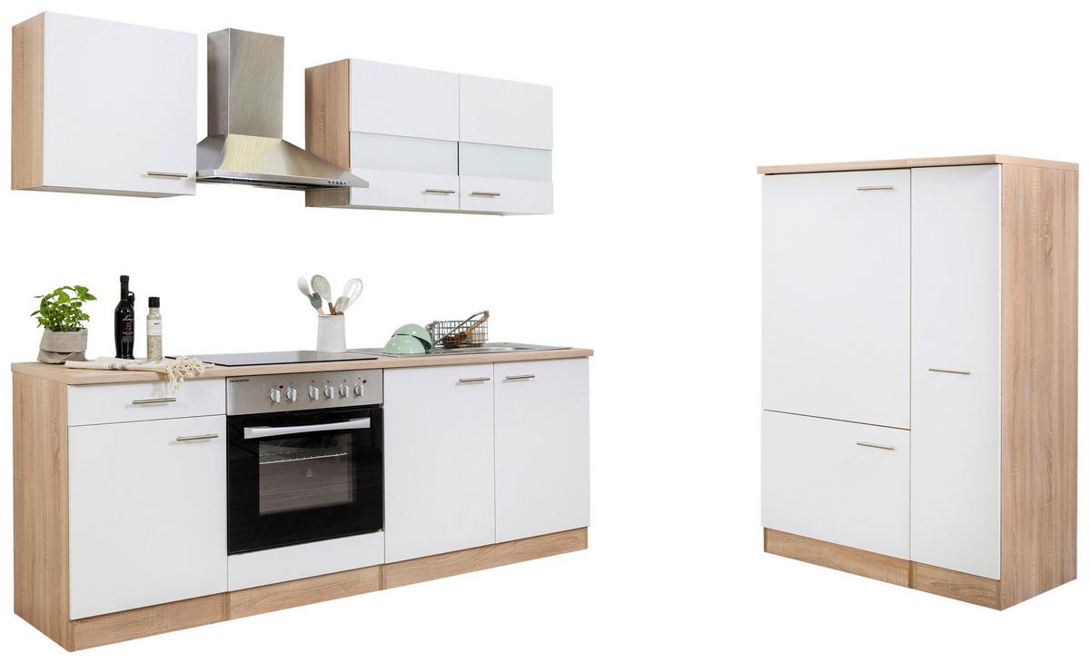 Küchenzeile ohne Geräte B: 300 cm Eiche Dekor/Weiß, Modern - Eichefarben/Weiß, Basics, Holzwerkstoff (300cm) - Respekta