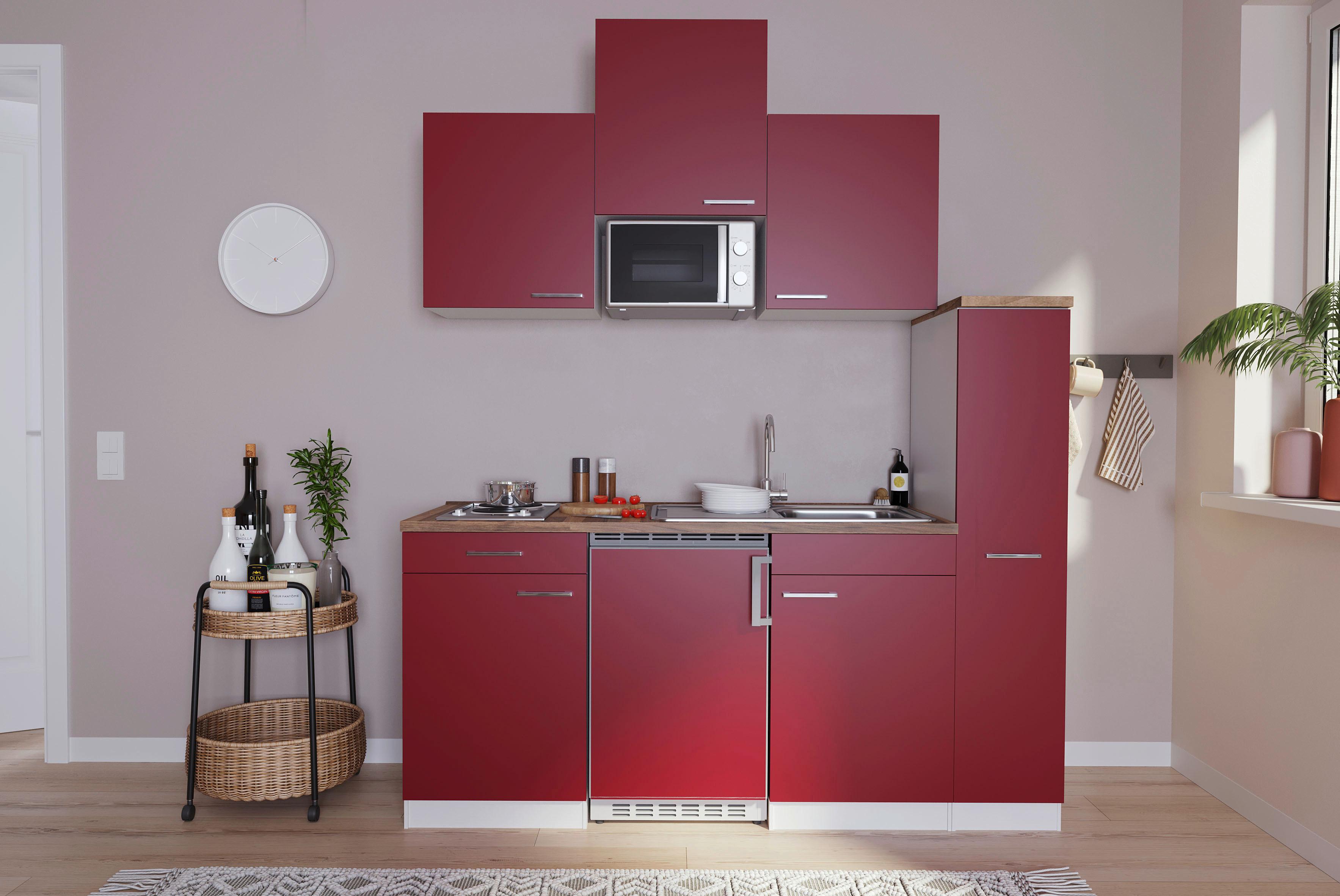 Küchenzeile Economy mit Geräten 180 cm Rot/Nussbaum Dekor - Rot/Nussbaumfarben, Basics, Holzwerkstoff (180cm) - Respekta