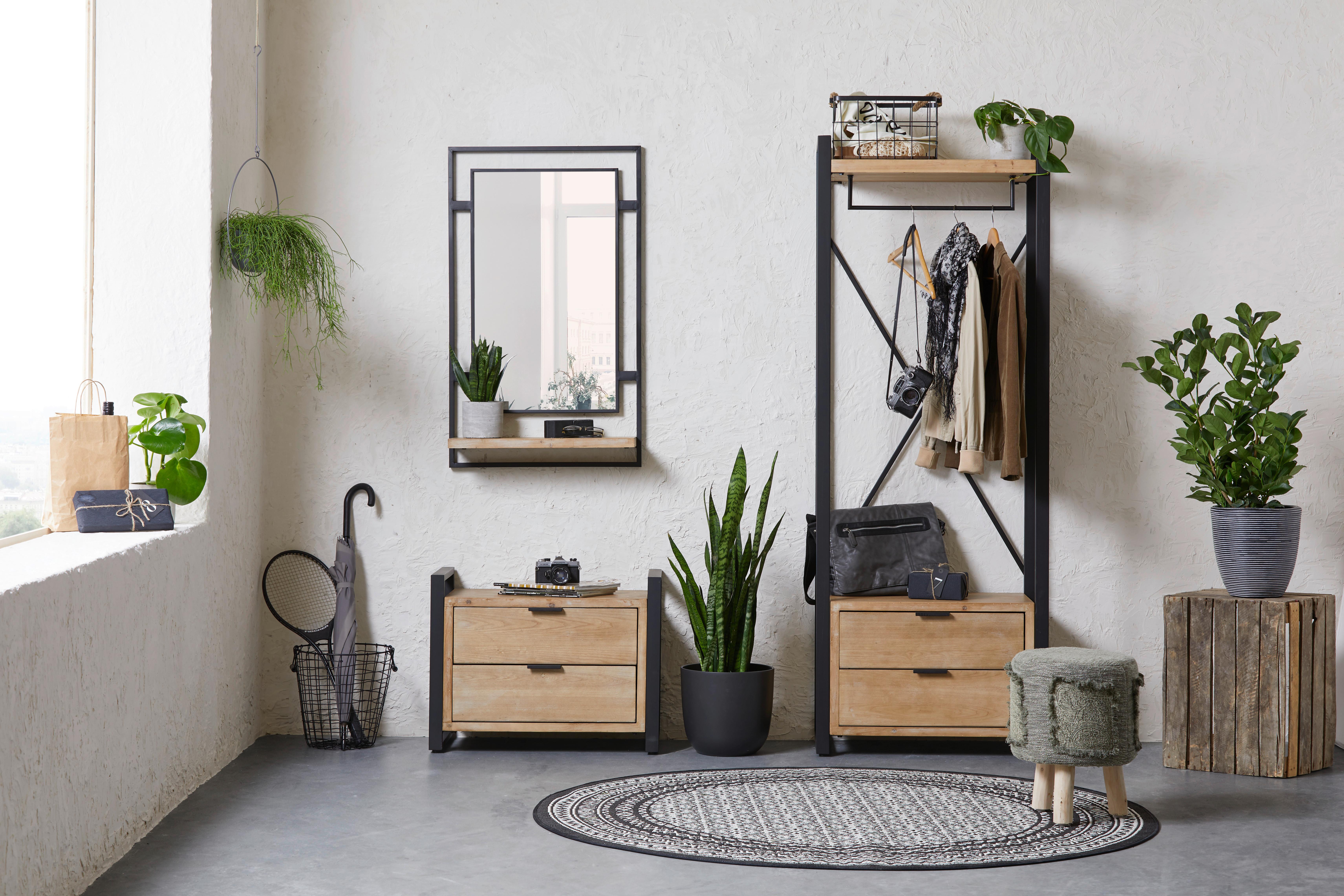 NÁSTENNÉ ZRKADLO JACK - čierna/prírodná farba, Lifestyle, kov/drevo (60/100/22cm) - Premium Living