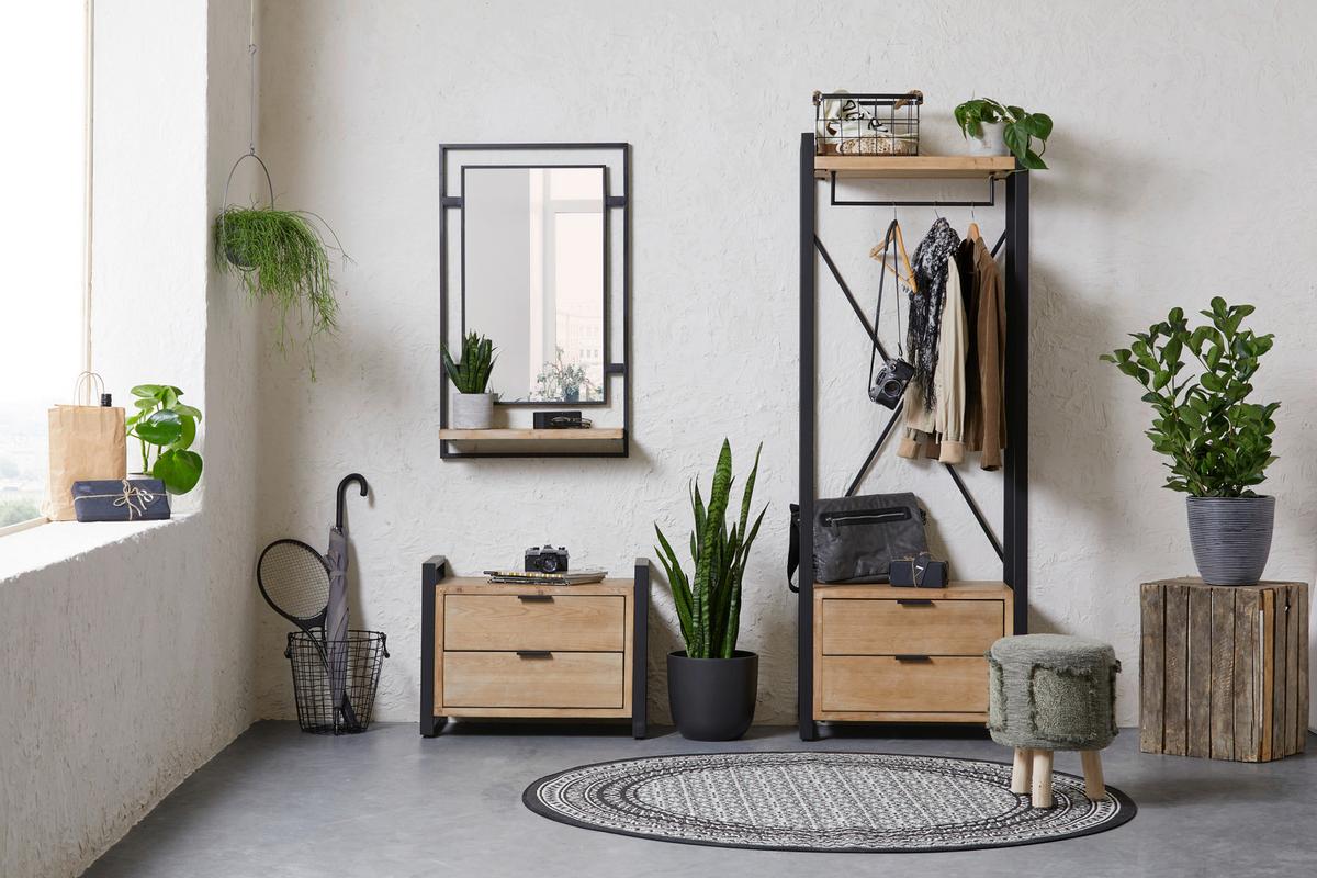 NÁSTENNÉ ZRKADLO JACK - čierna/prírodná farba, Lifestyle, kov/drevo (60/100/22cm) - Premium Living